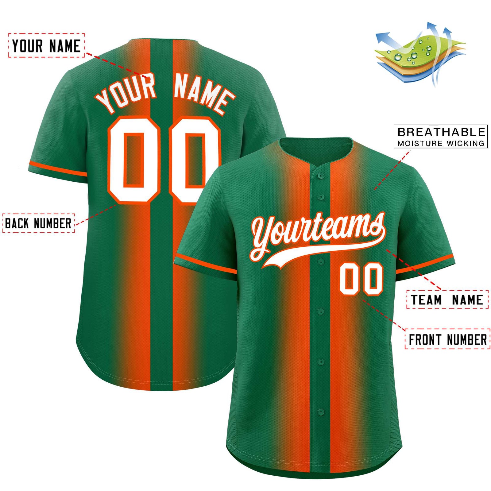 Custom Kelly Green Orange Lapel Gradient Fashion Authentic Baseball Jersey