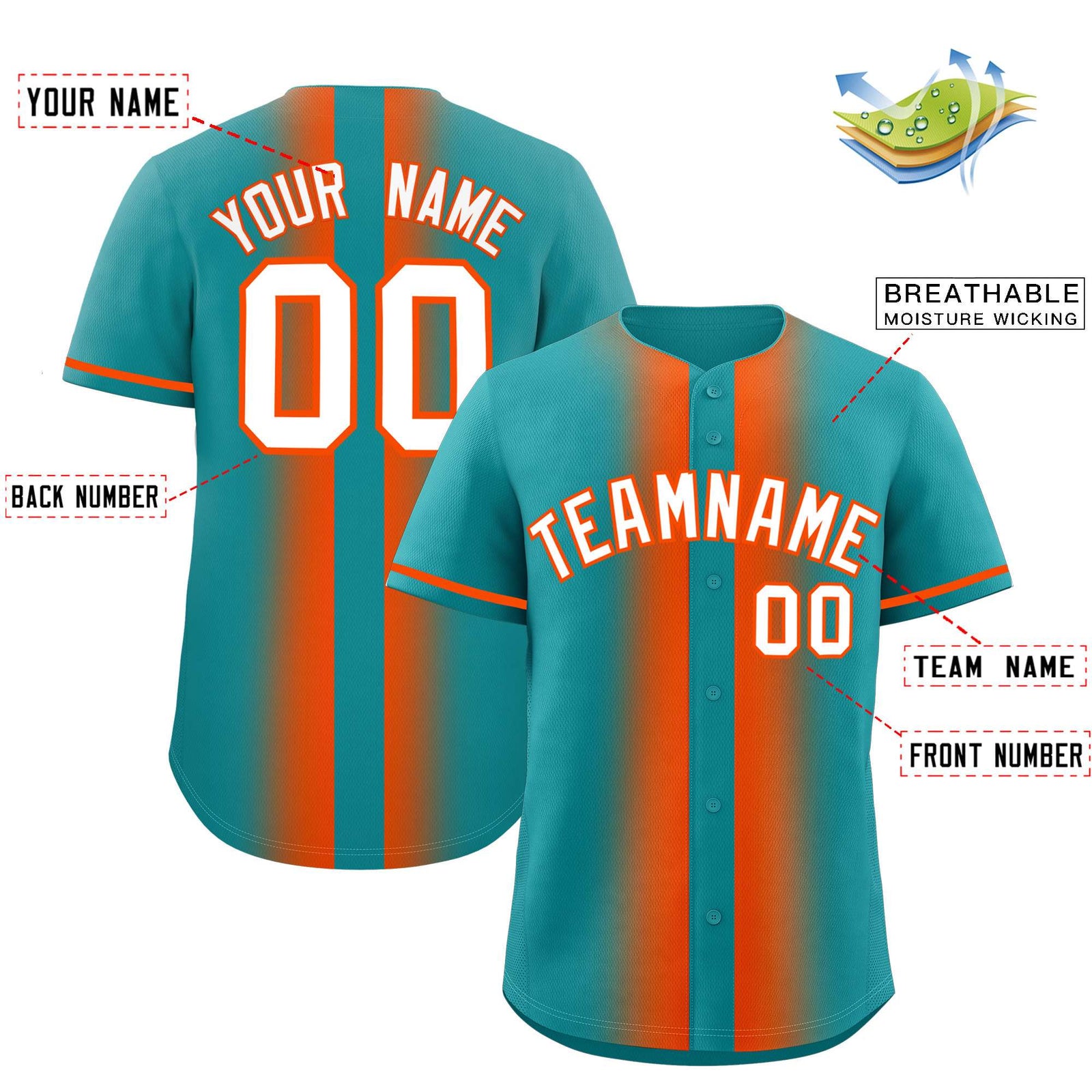 Custom Aqua Orange Lapel Gradient Fashion Authentic Baseball Jersey
