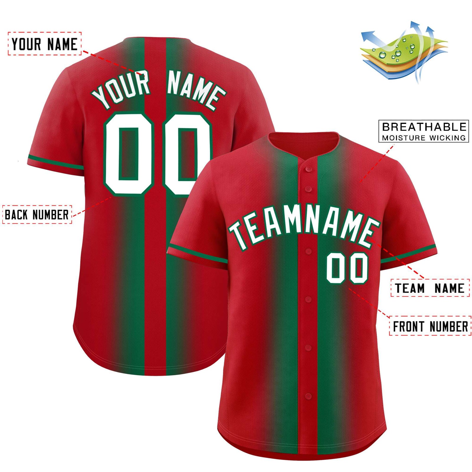 Custom Red Kelly Green Lapel Gradient Fashion Authentic Baseball Jersey