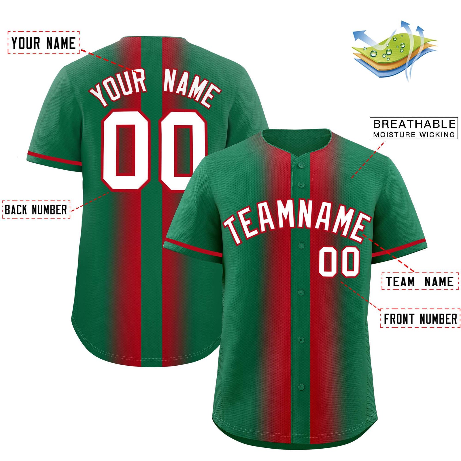 Custom Kelly Green Red Lapel Gradient Fashion Authentic Baseball Jersey