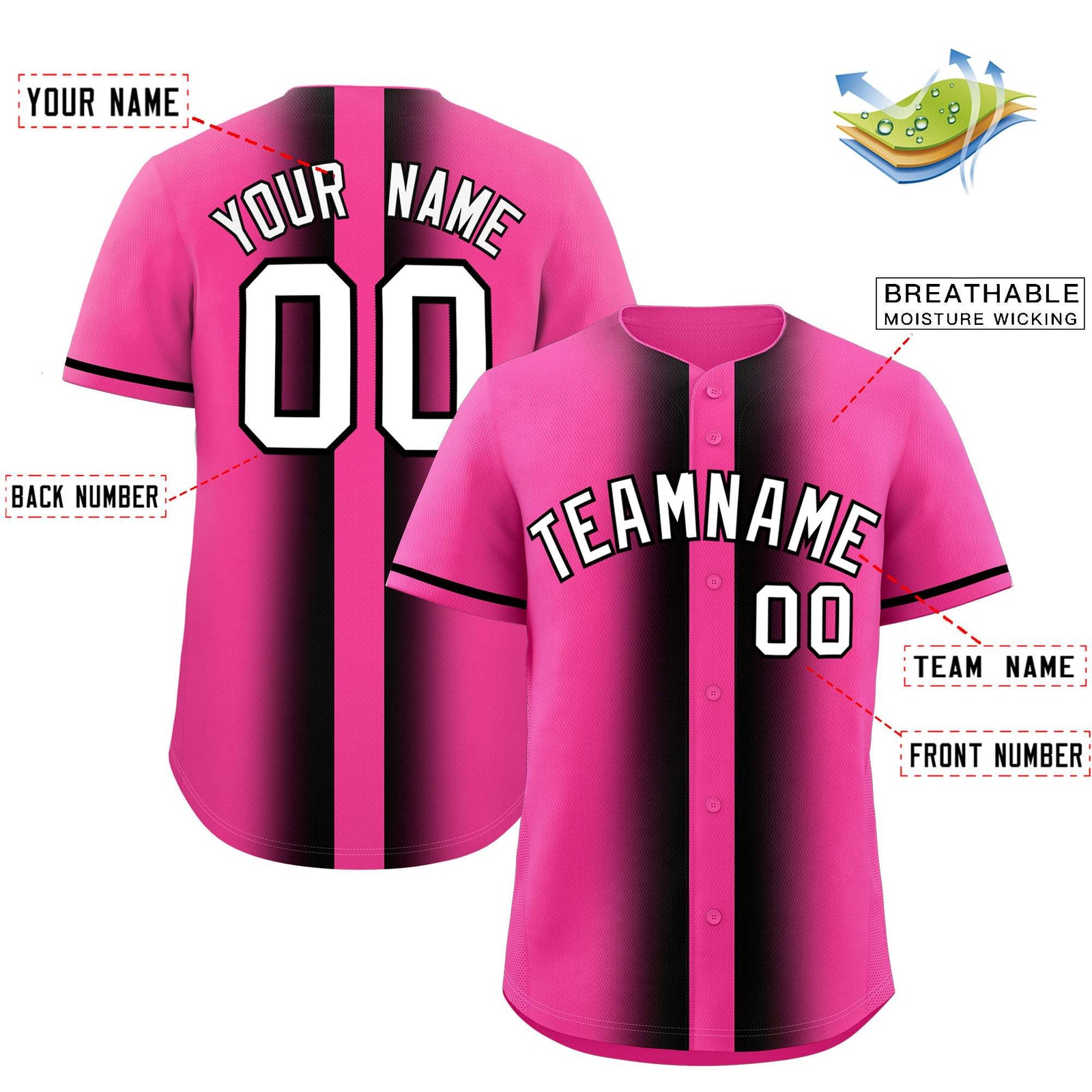 Custom Pink Black Lapel Gradient Fashion Authentic Baseball Jersey