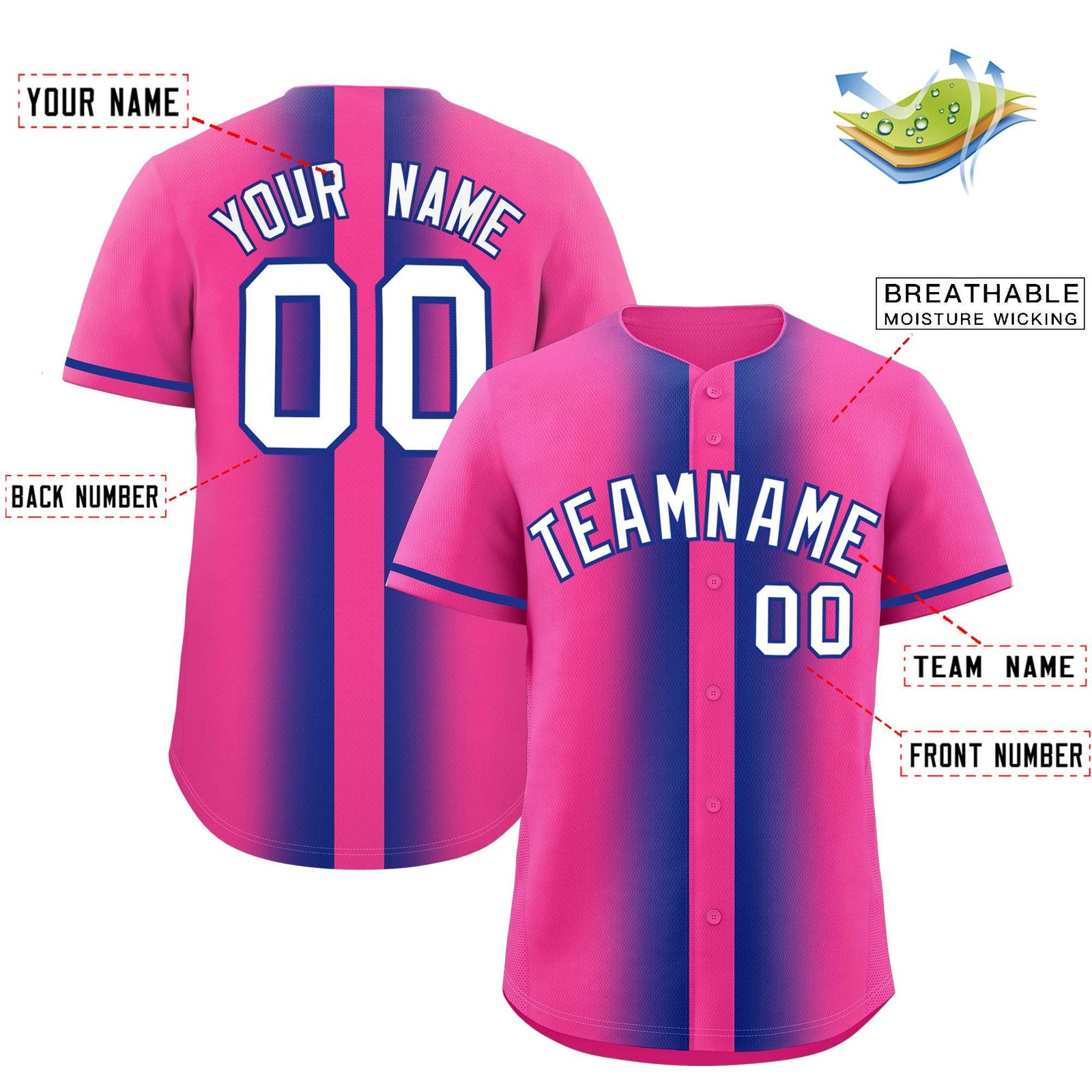 Custom Pink Royal Lapel Gradient Fashion Authentic Baseball Jersey