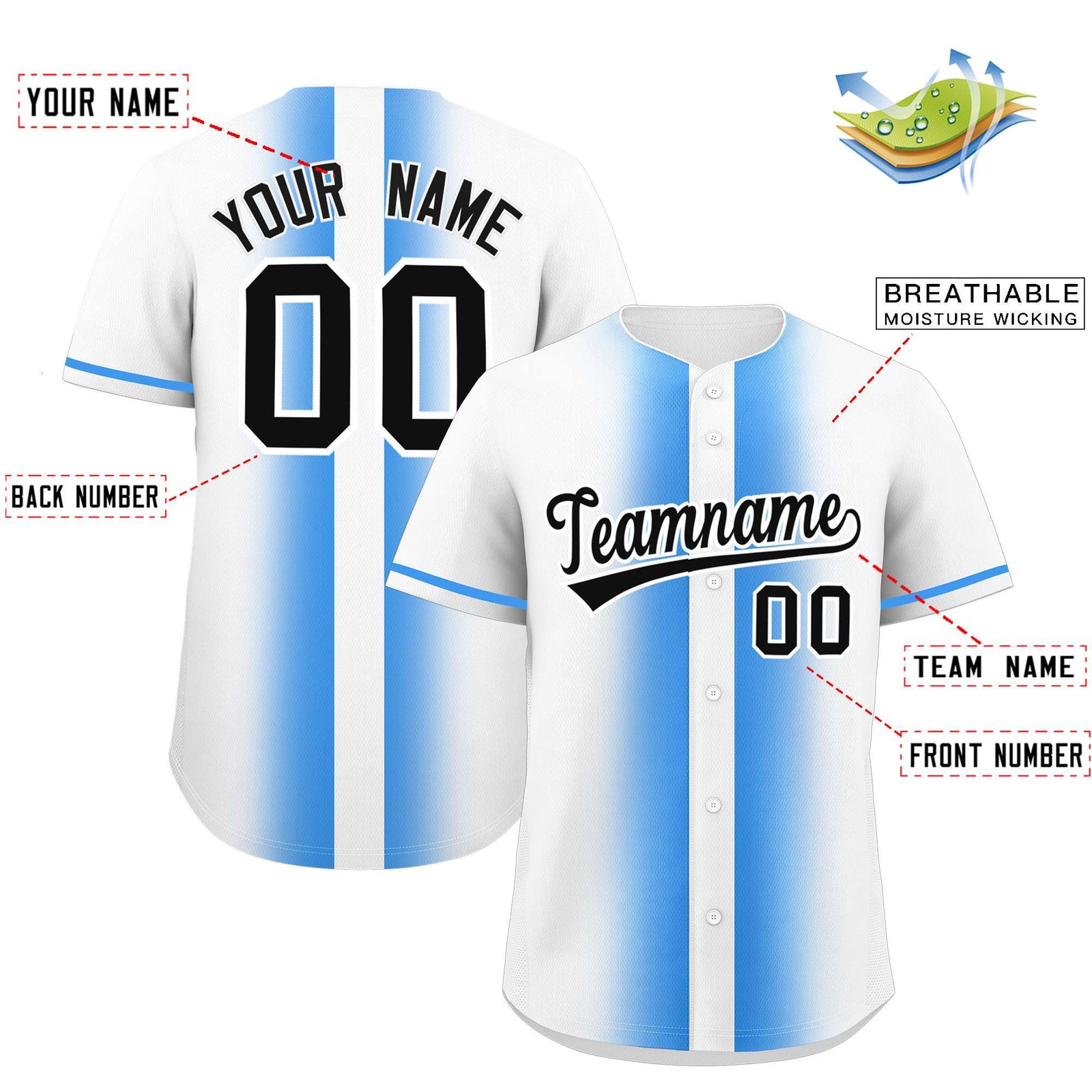 Custom White Powder Blue Lapel Gradient Fashion Authentic Baseball Jersey