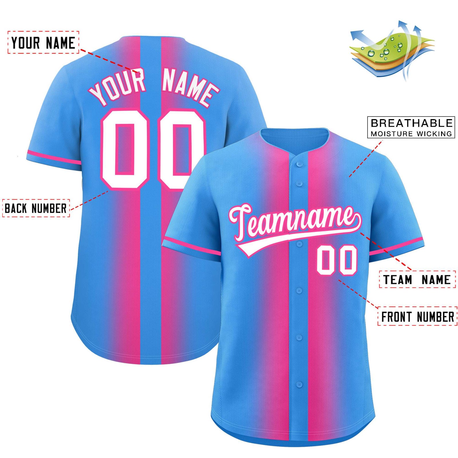 Custom Powder Blue Pink Lapel Gradient Fashion Authentic Baseball Jersey