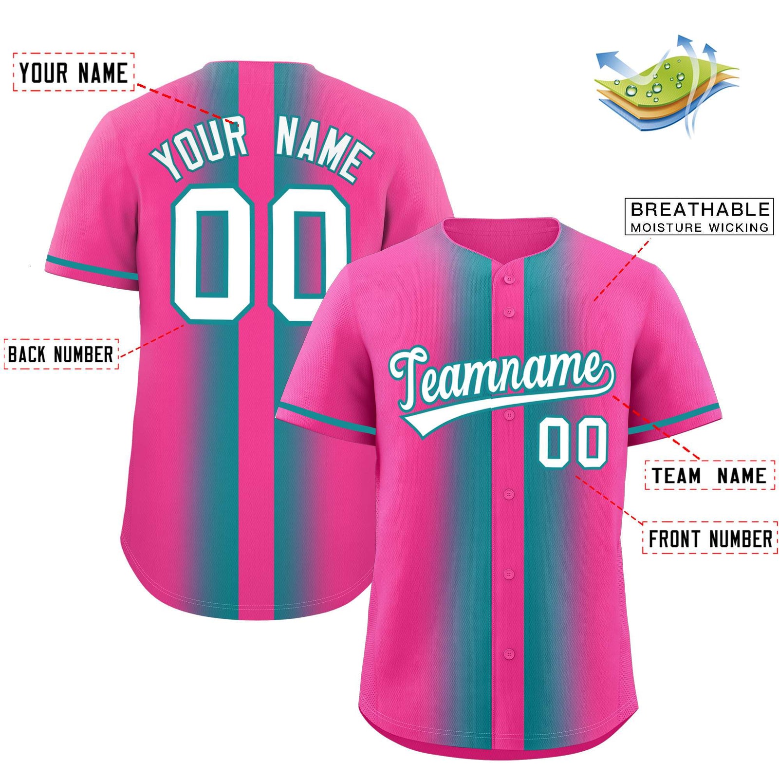 Custom Pink Aqua Lapel Gradient Fashion Authentic Baseball Jersey