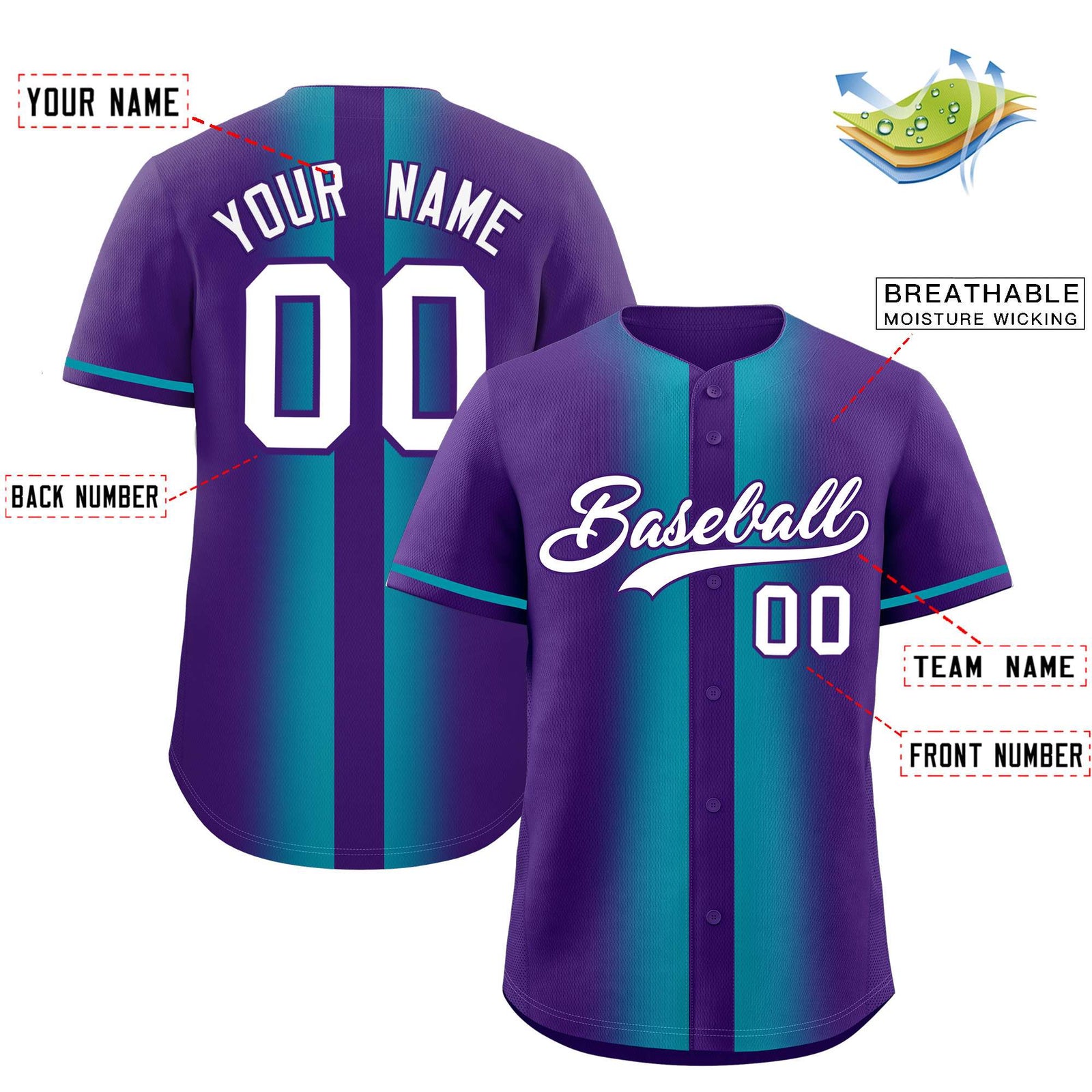 Custom Purple Aqua Lapel Gradient Fashion Authentic Baseball Jersey