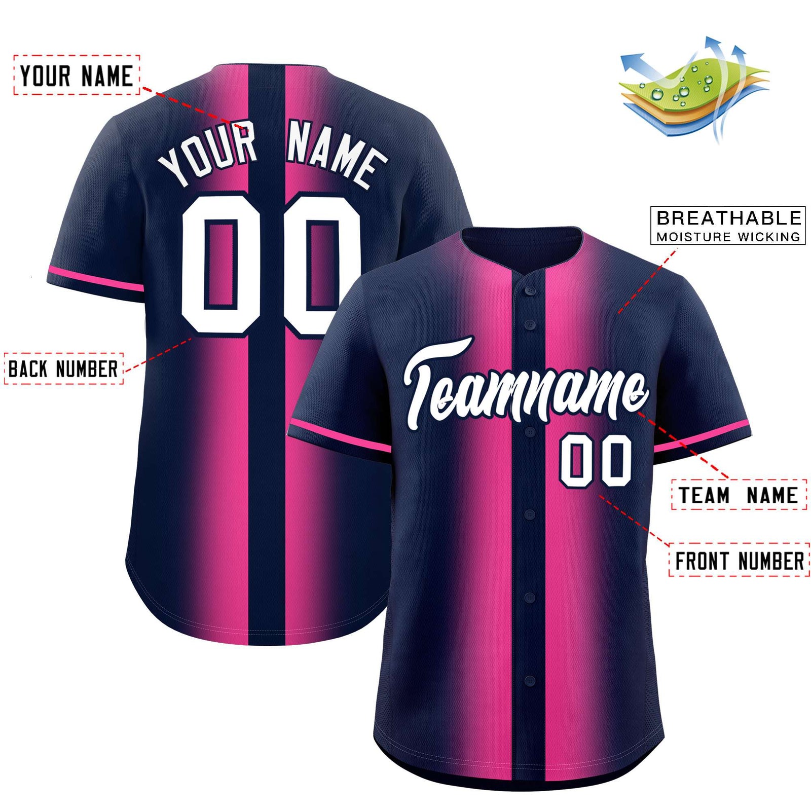 Custom Navy Pink Lapel Gradient Fashion Authentic Baseball Jersey