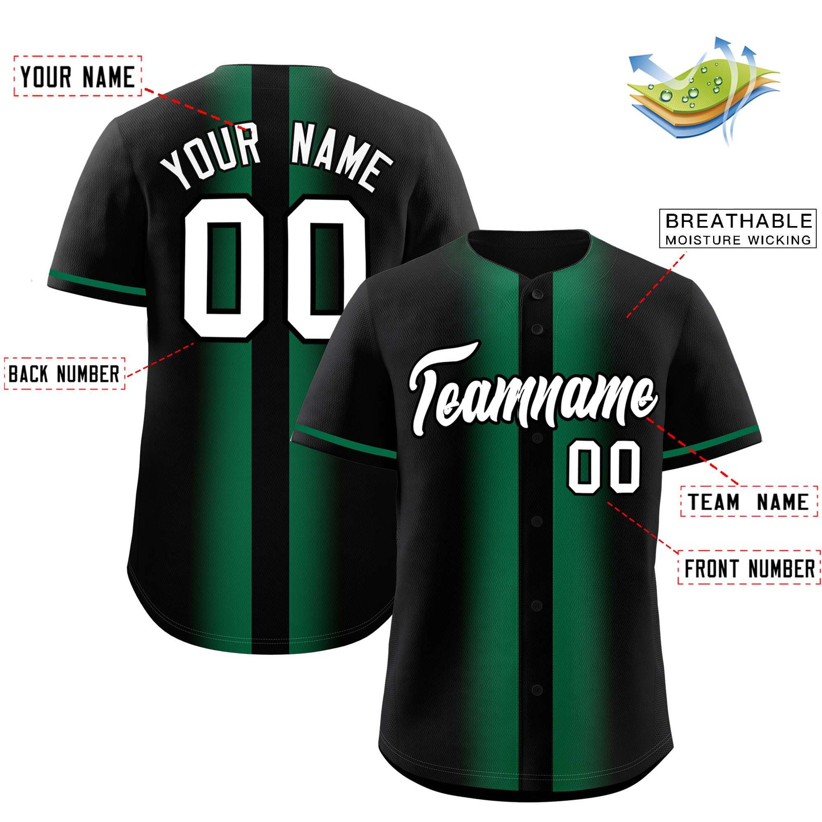 Custom Black Kelly Green Lapel Gradient Fashion Authentic Baseball Jersey