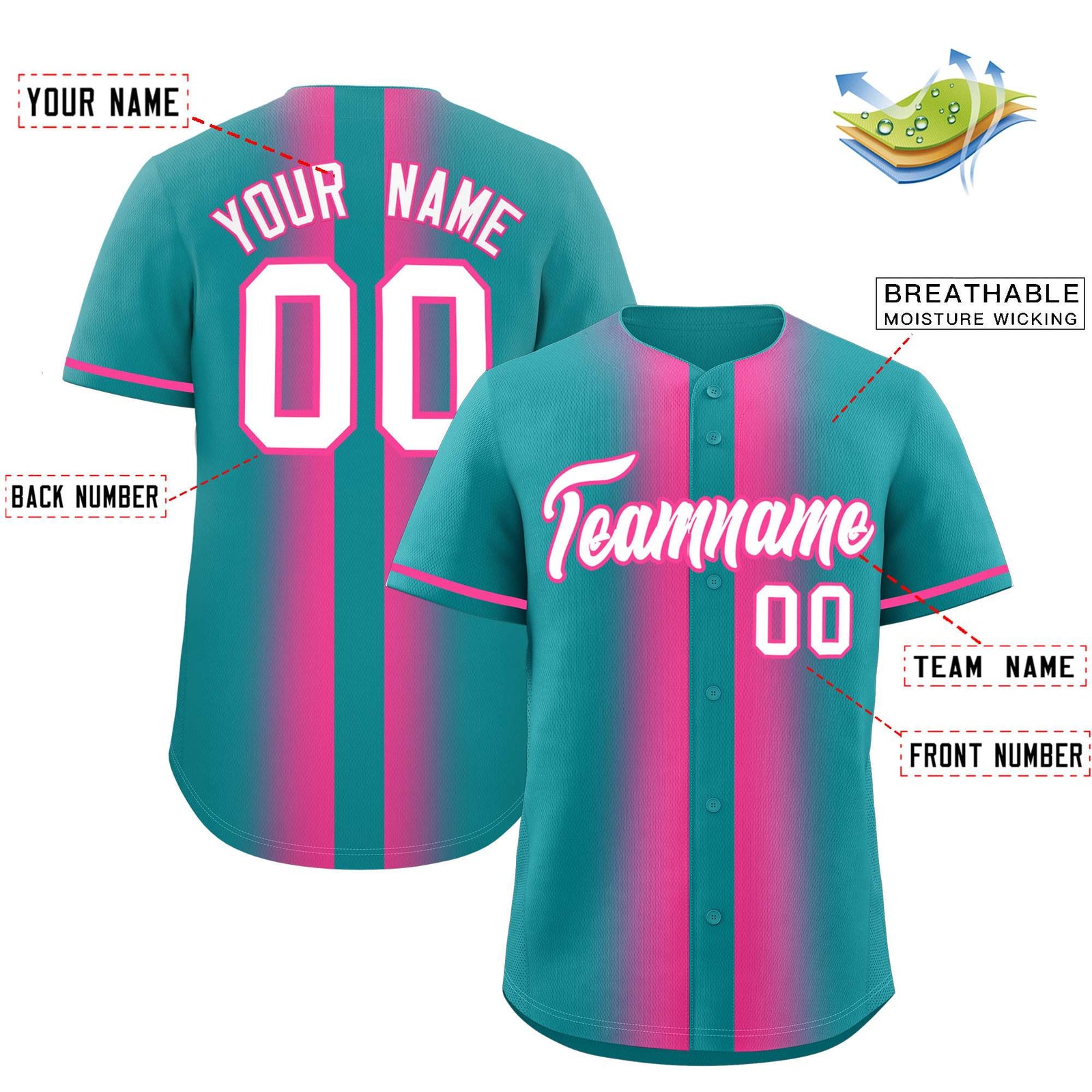 Custom Aqua Pink Lapel Gradient Fashion Authentic Baseball Jersey