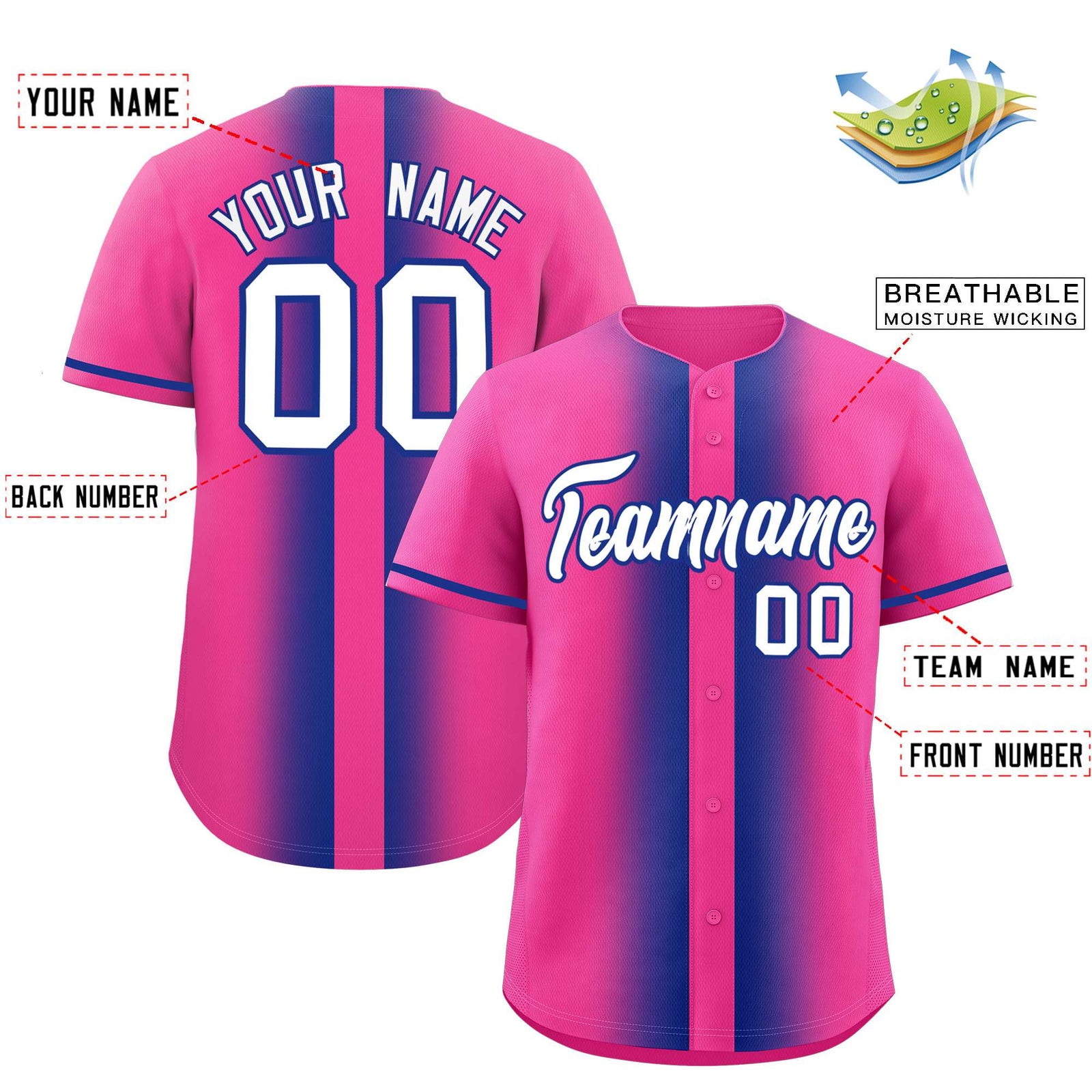 Custom Pink Royal Lapel Gradient Fashion Authentic Baseball Jersey