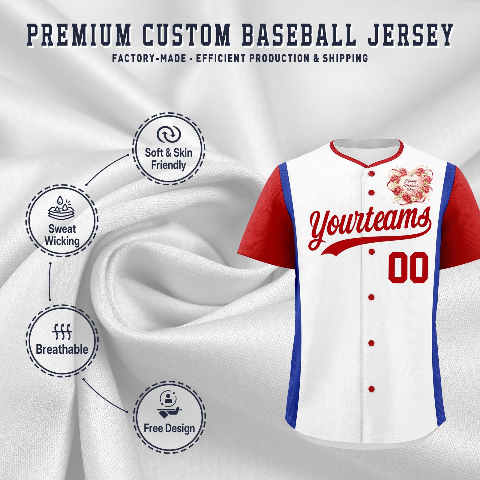 Custom White Red Royal Blue Mother's Day Style Personalization Wrinkle-Resistant Baseball Jersey| KXKSHOP