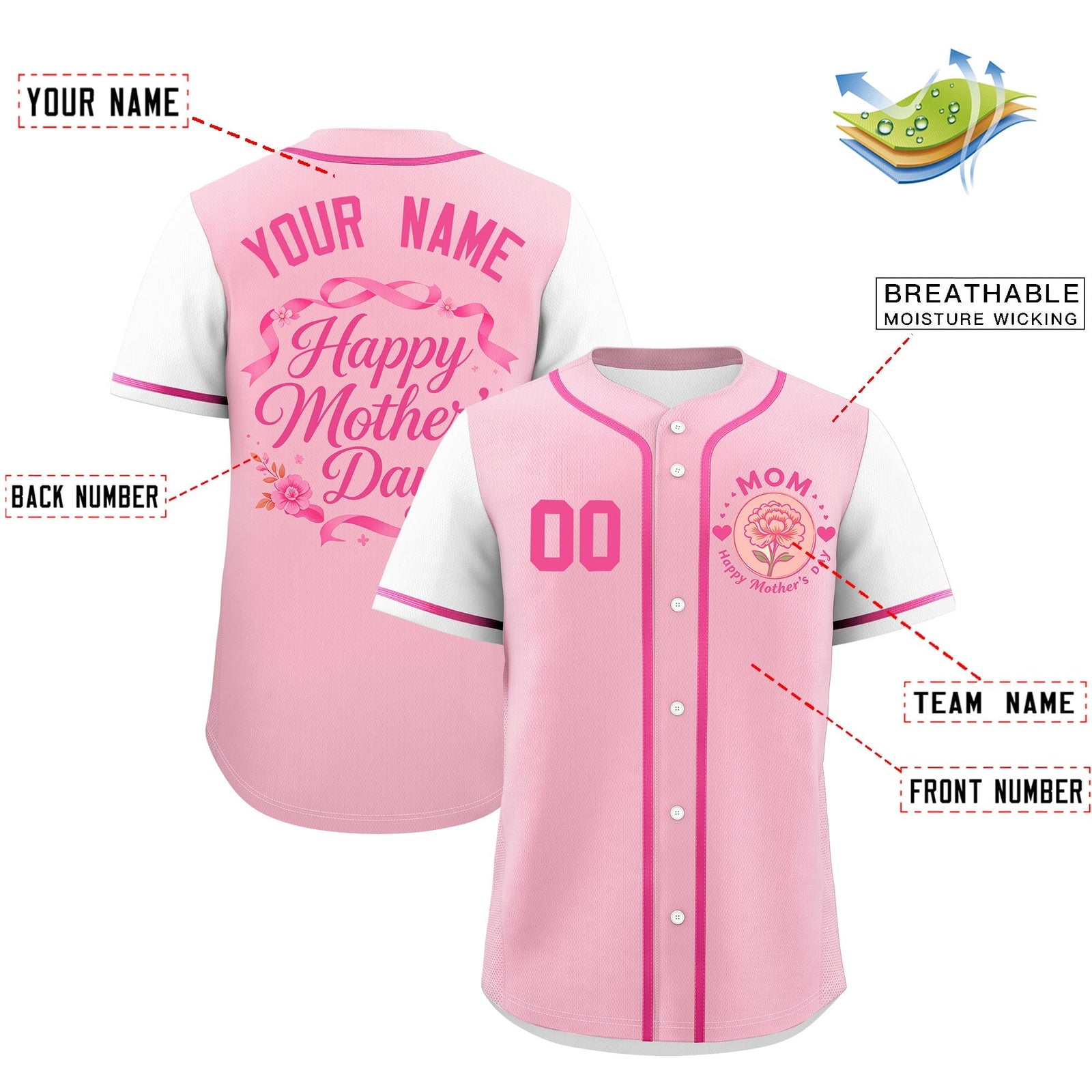 Custom Light Pink White Pink Mother's Day Style Personalization Breathable Baseball Jersey| KXKSHOP