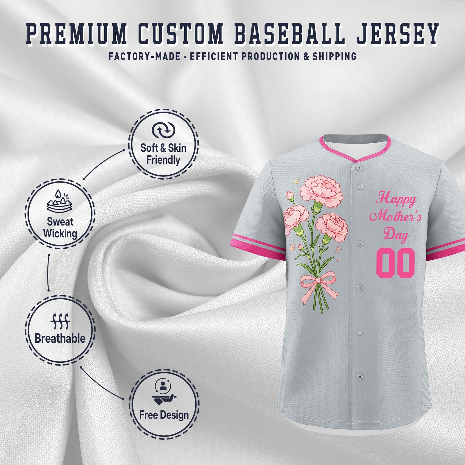 Custom Silver Pink Mother's Day Style Personalization Wrinkle-Resistant Baseball Jersey| KXKSHOP