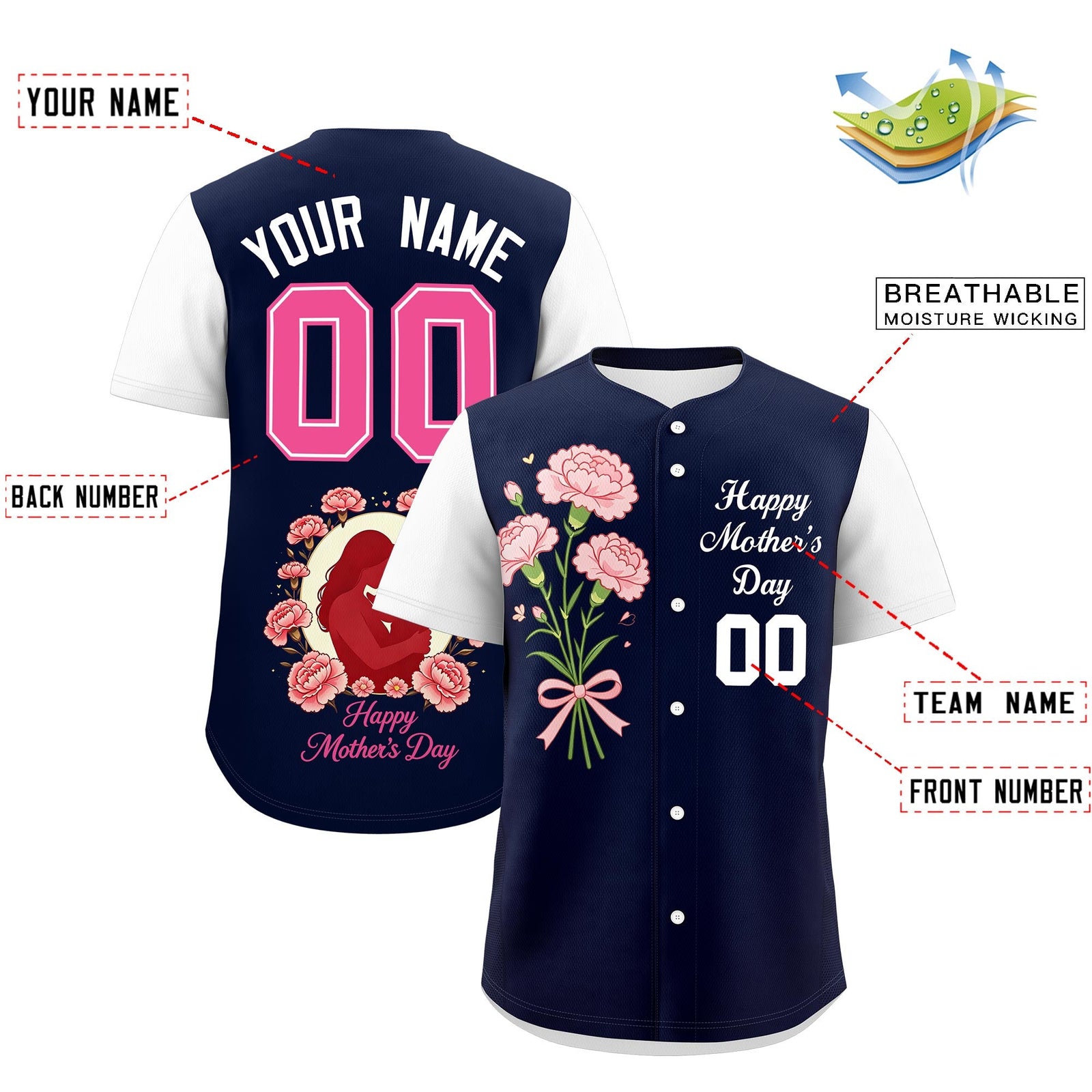 Custom Navy White Mother's Day Style Personalization Wrinkle-Resistant Baseball Jersey| KXKSHOP