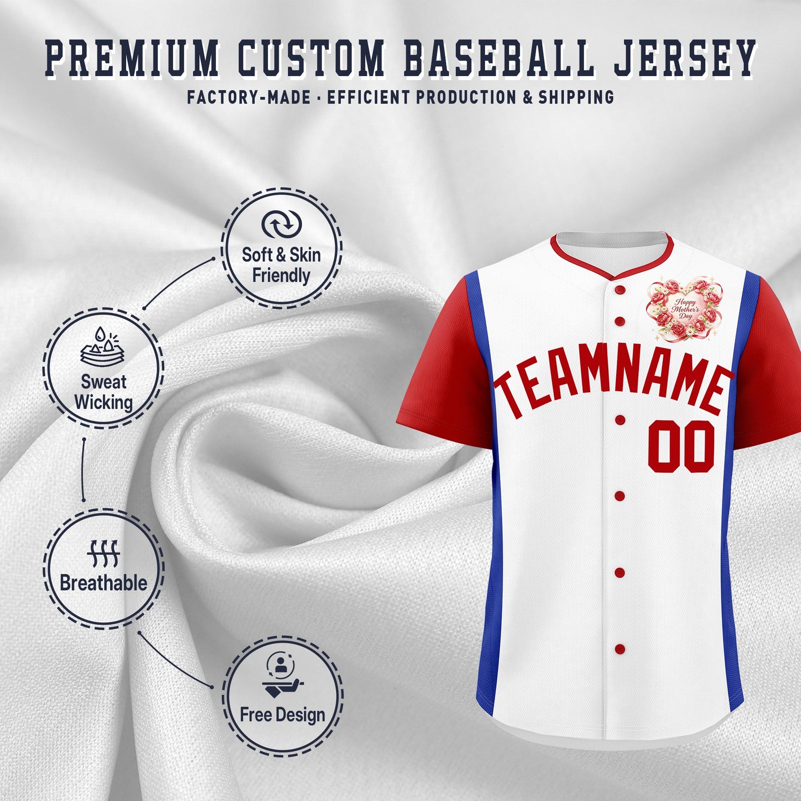 Custom White Red Royal Blue Mother's Day Style Personalization Wrinkle-Resistant Baseball Jersey| KXKSHOP