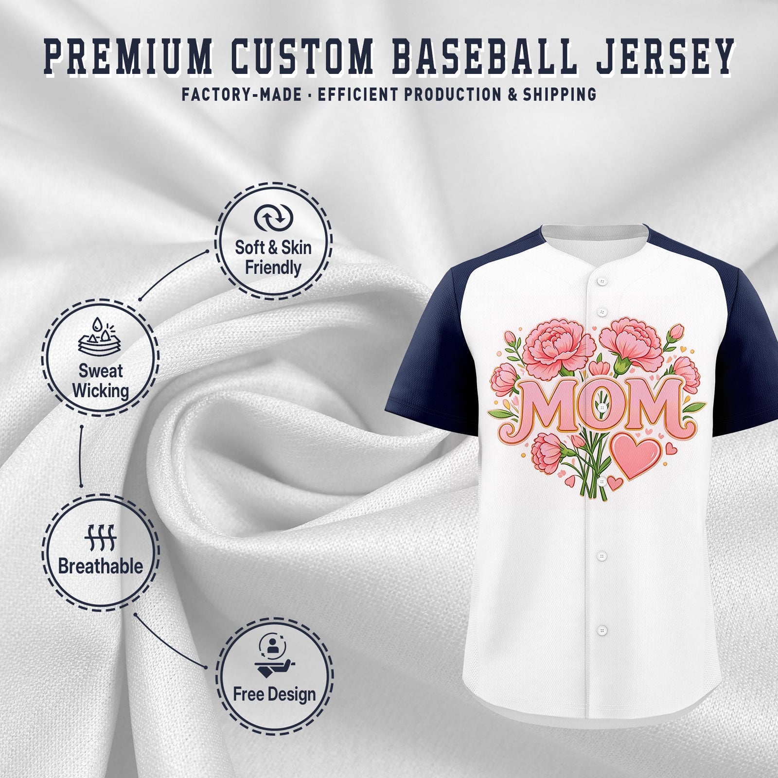 Custom White Navy Light Pink Mother's Day Style Personalization Breathable Baseball Jersey| KXKSHOP