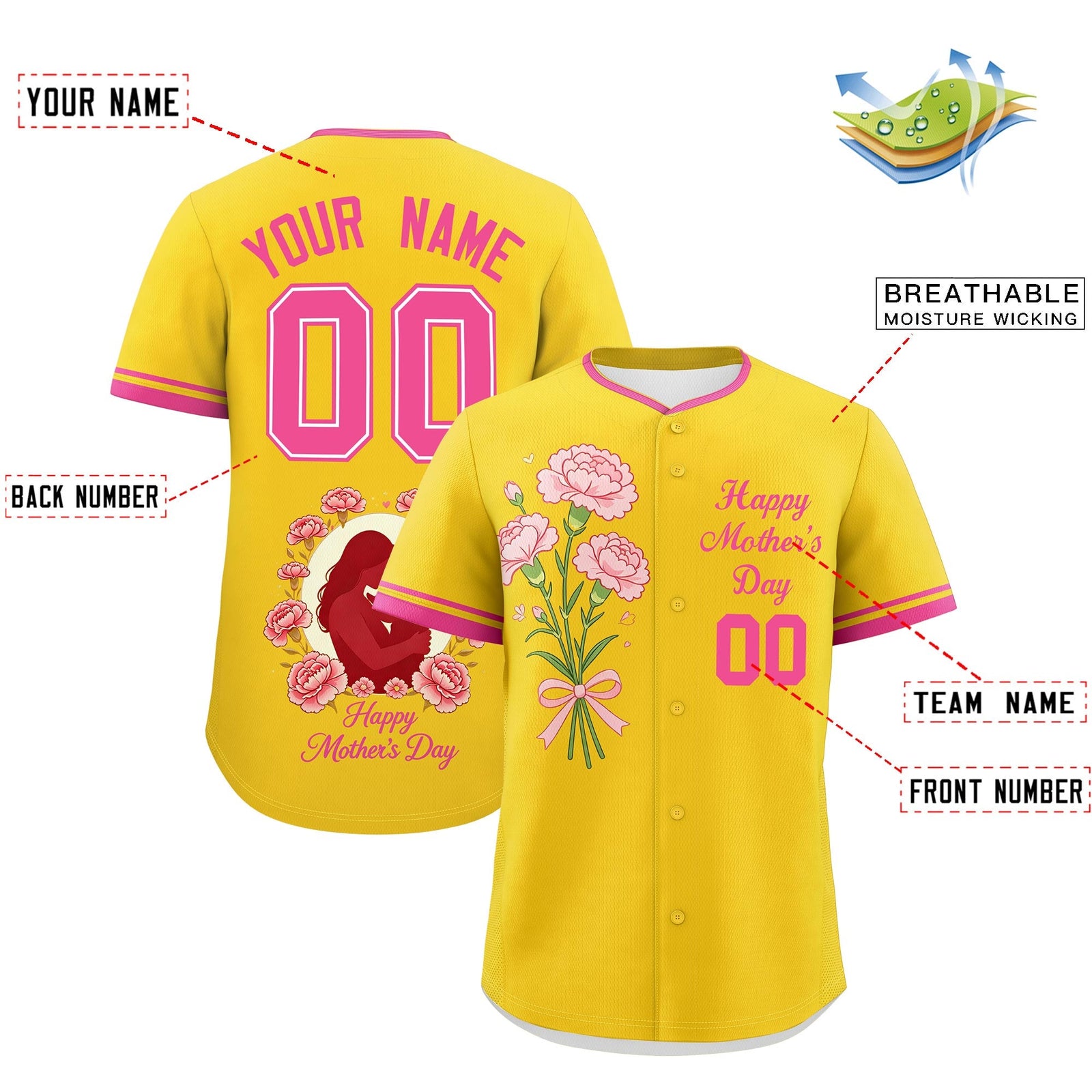 Custom Gold Pink Mother's Day Style Personalization Wrinkle-Resistant Baseball Jersey| KXKSHOP