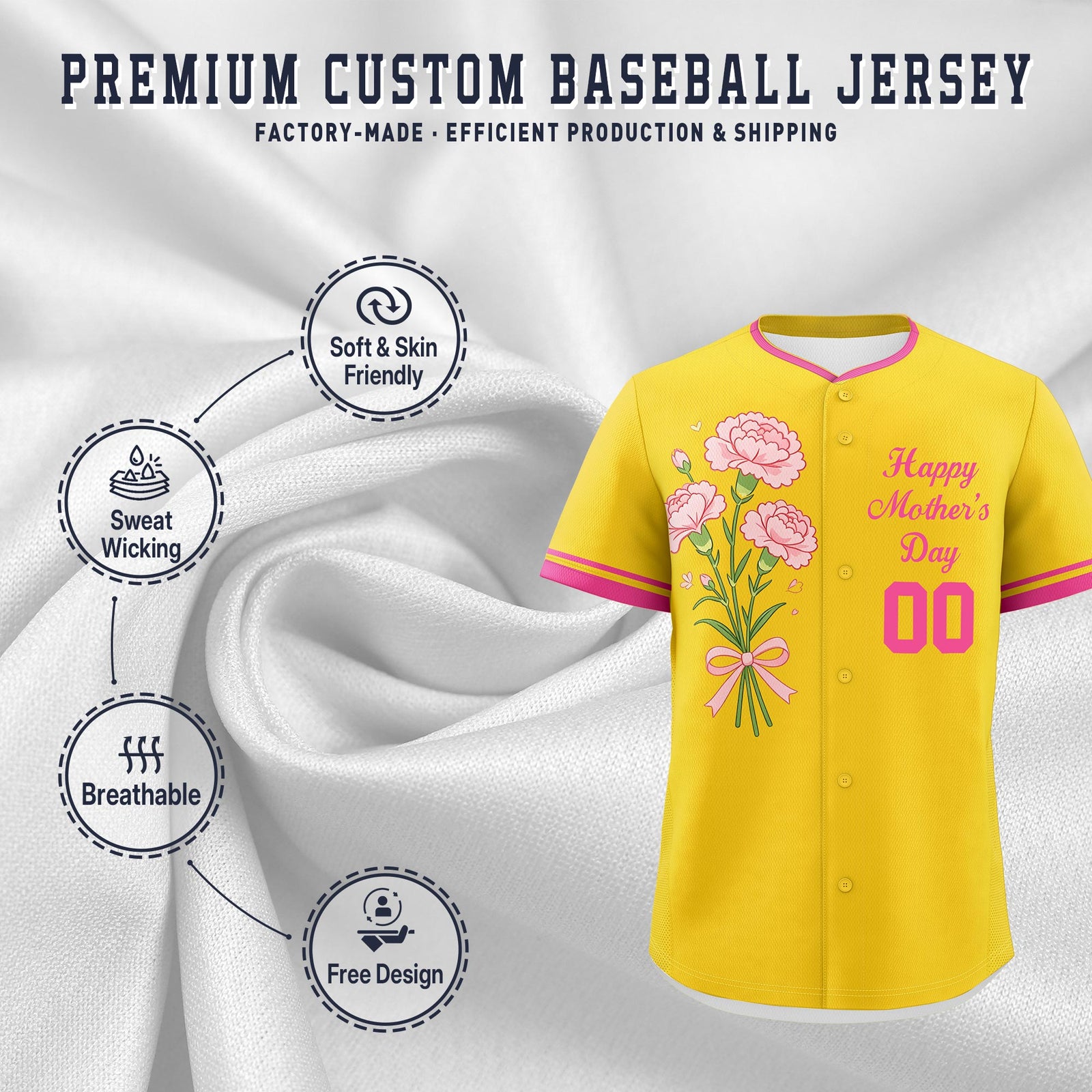Custom Gold Pink Mother's Day Style Personalization Wrinkle-Resistant Baseball Jersey| KXKSHOP
