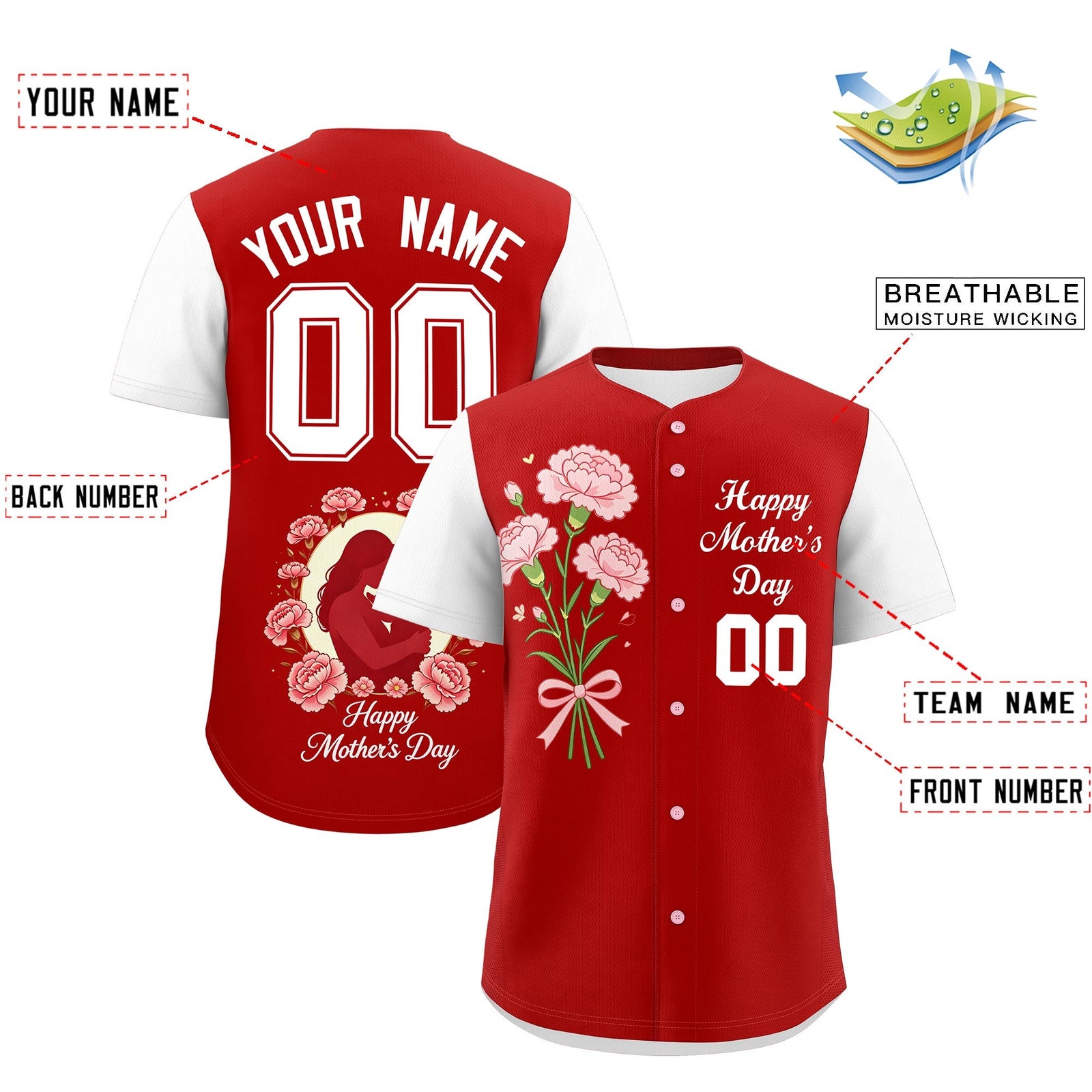Custom Red White Mother's Day Style Personalization Breathable Baseball Jersey| KXKSHOP