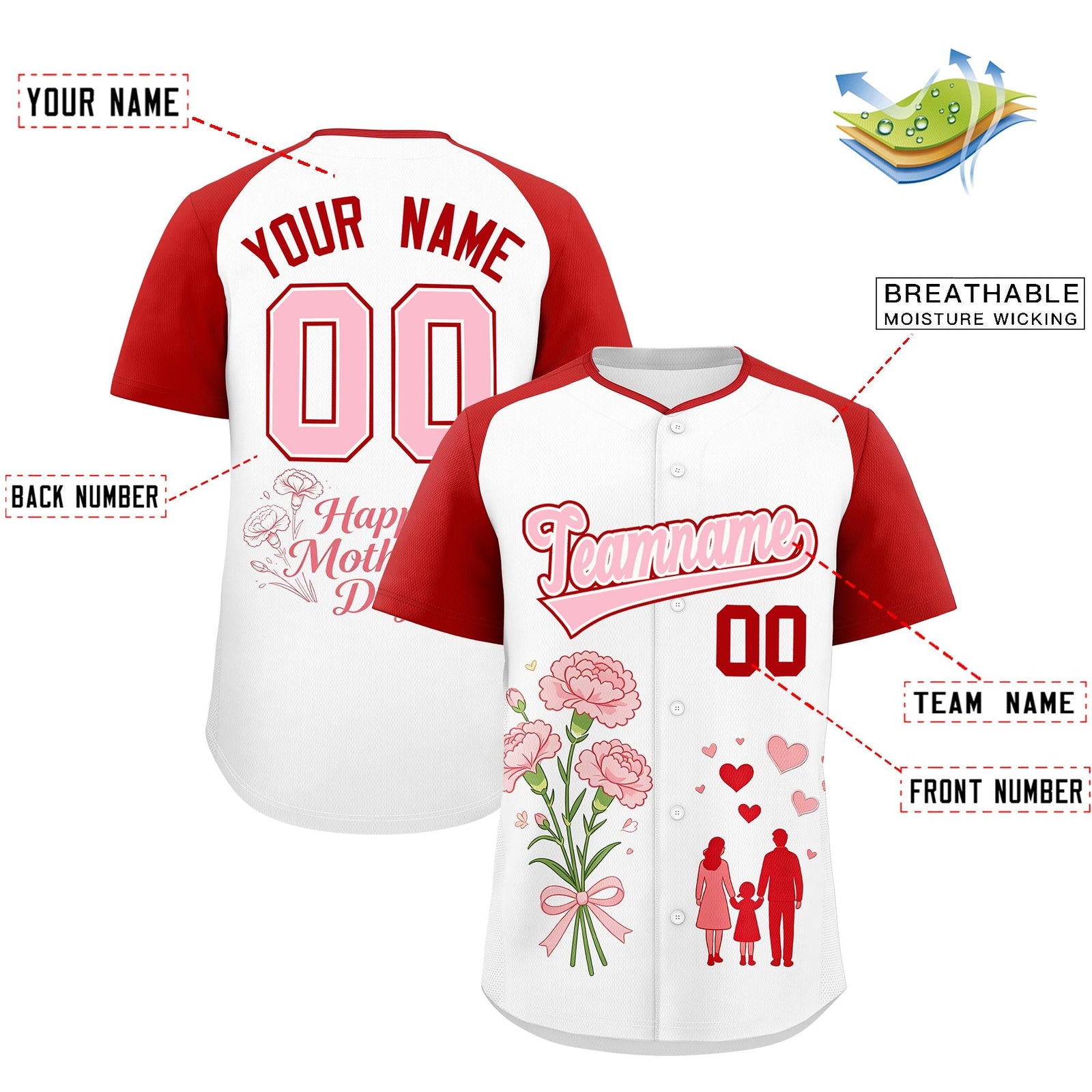 Custom White Red Light Pink Mother's Day Style Personalization Wrinkle-Resistant Baseball Jersey| KXKSHOP
