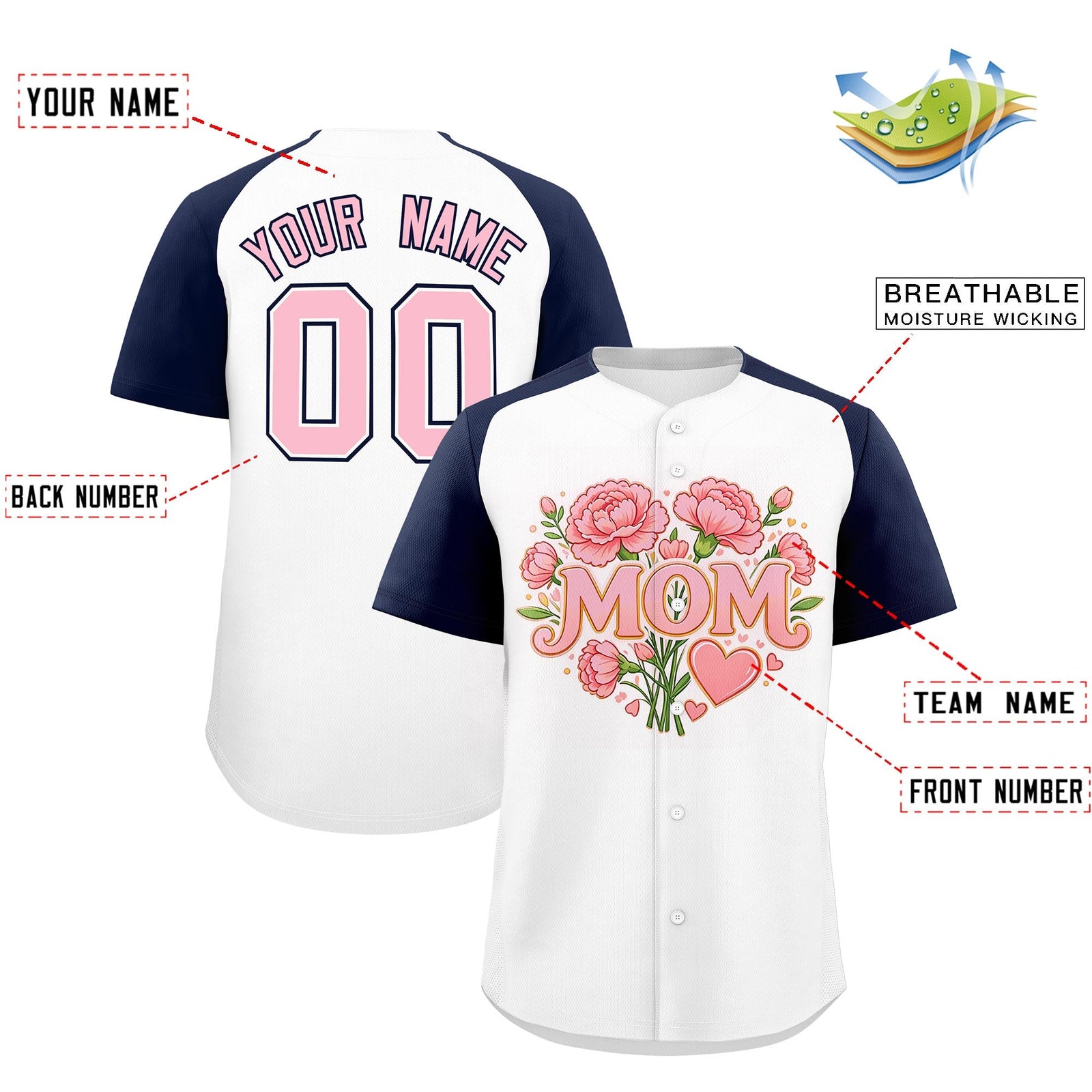 Custom White Navy Light Pink Mother's Day Style Personalization Breathable Baseball Jersey| KXKSHOP