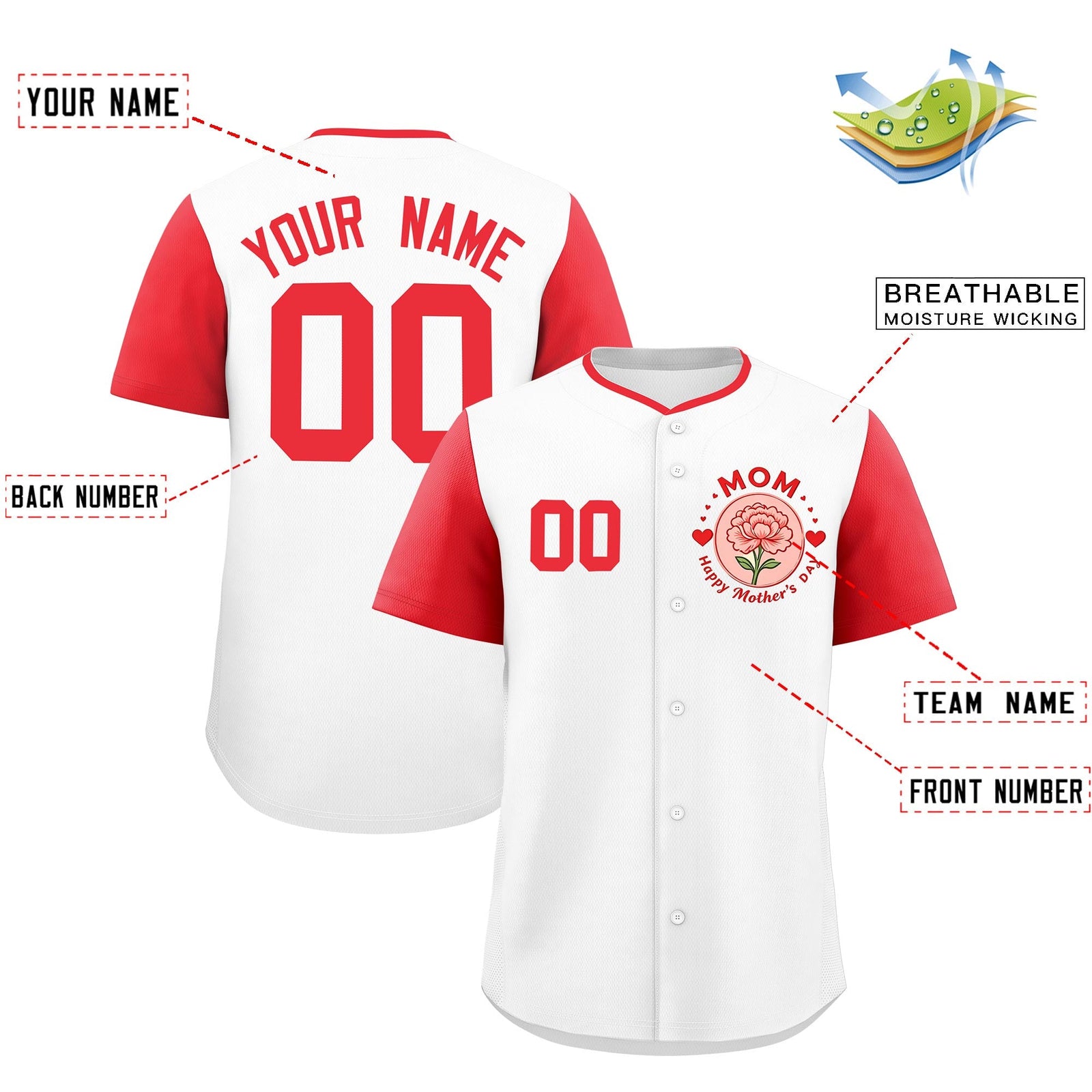 Custom White Light Red Mother's Day Style Personalization Breathable Baseball Jersey| KXKSHOP