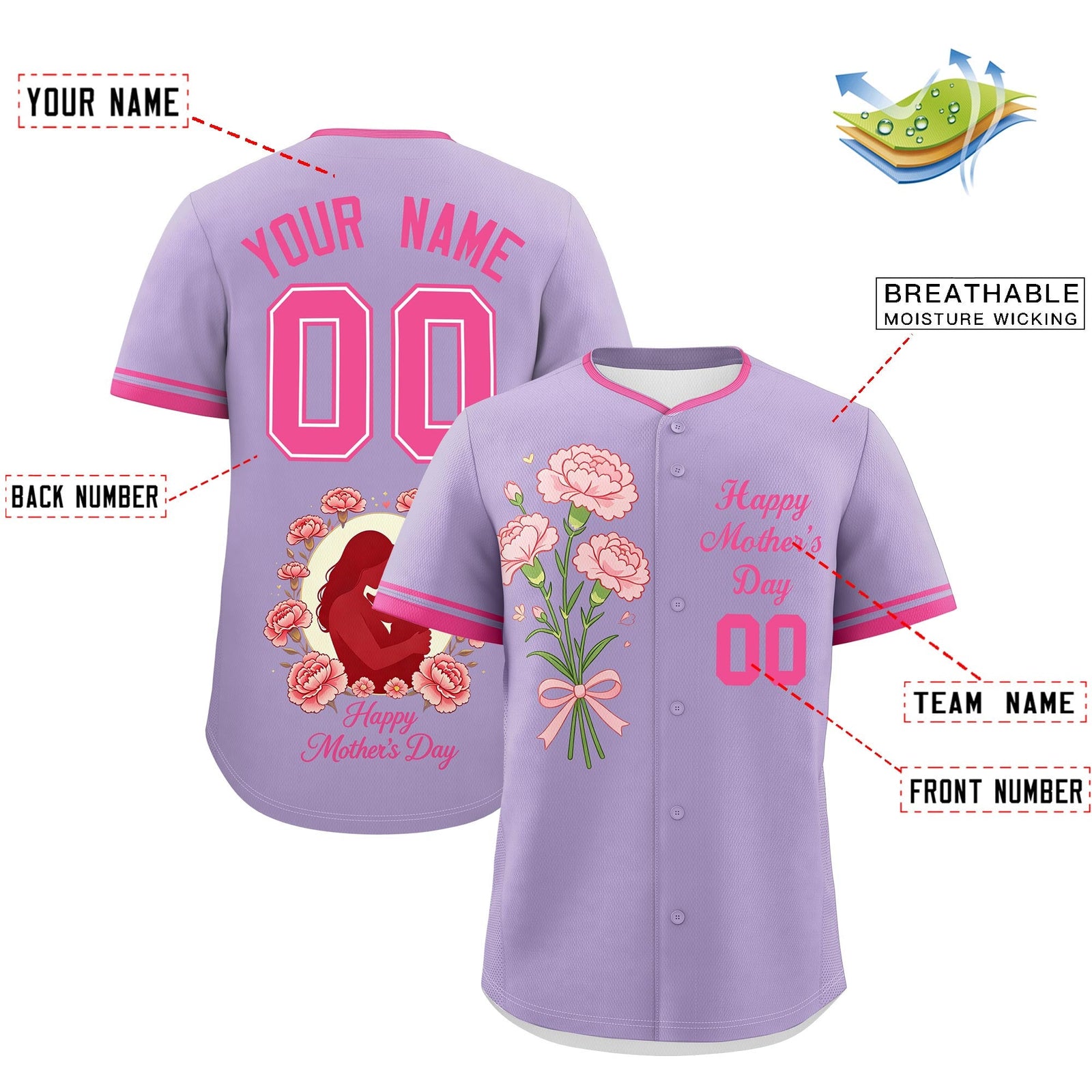 Custom Light Purple Pink Mother's Day Style Personalization Breathable Baseball Jersey| KXKSHOP