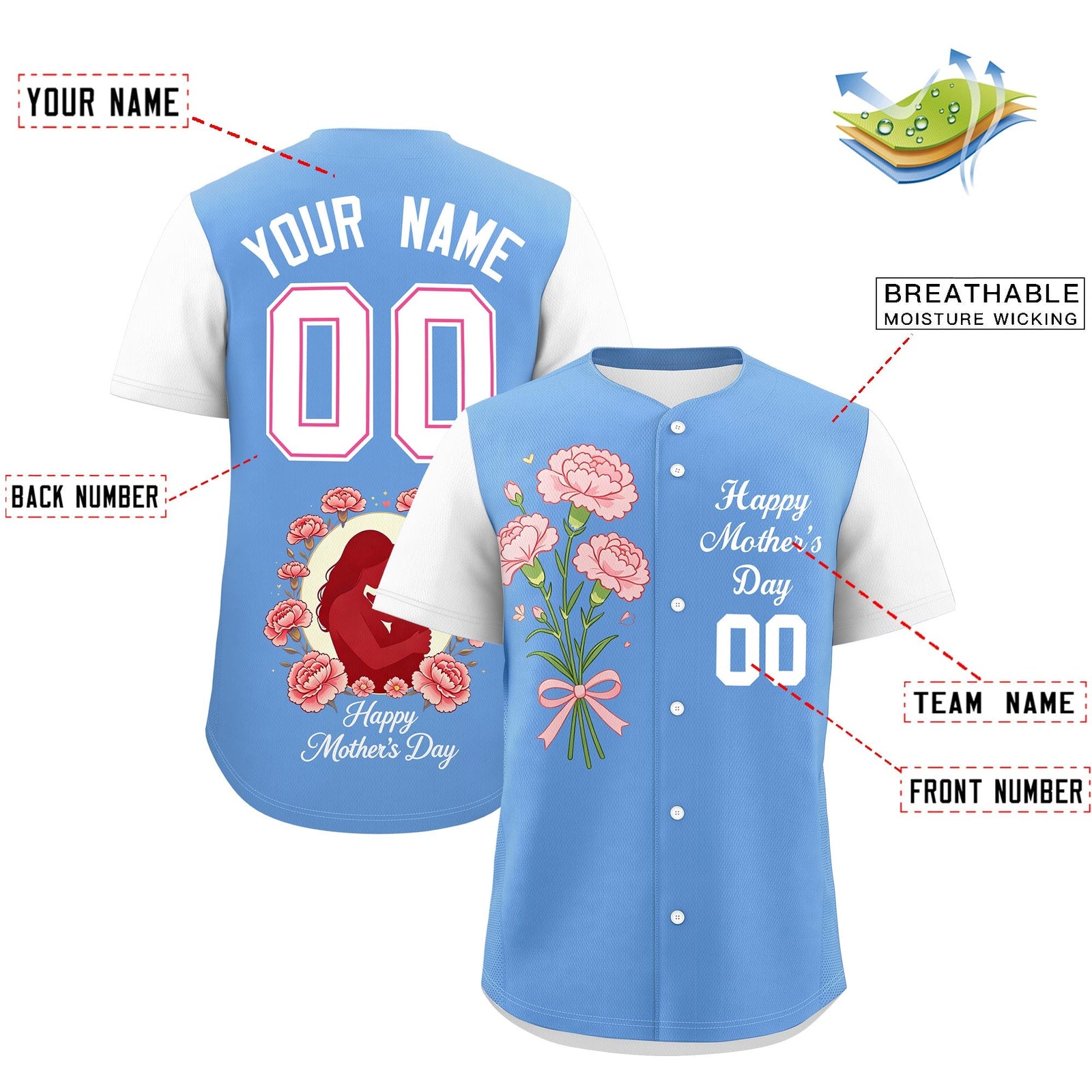 Custom Light Blue White Mother's Day Style Personalization Breathable Baseball Jersey| KXKSHOP