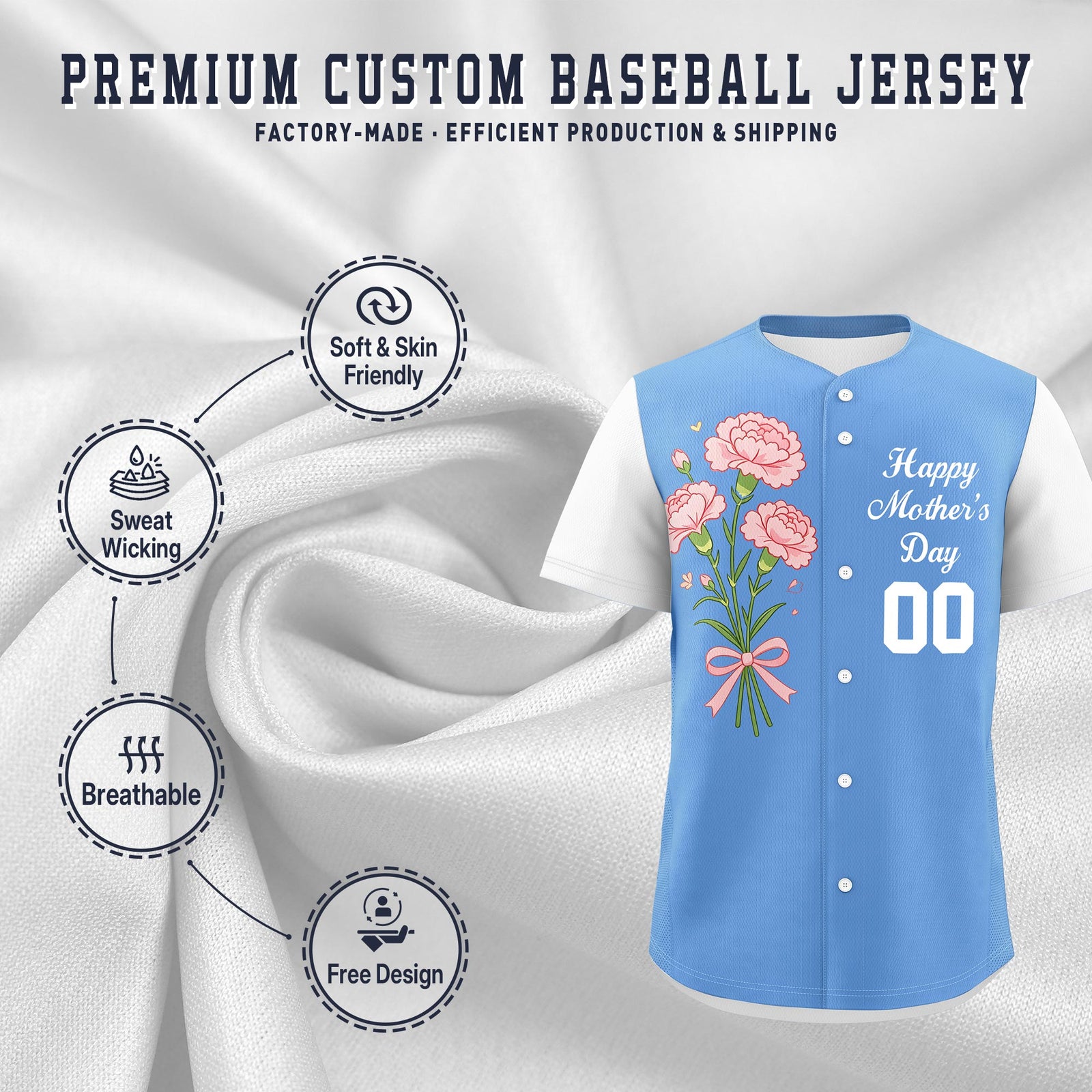Custom Light Blue White Mother's Day Style Personalization Breathable Baseball Jersey| KXKSHOP