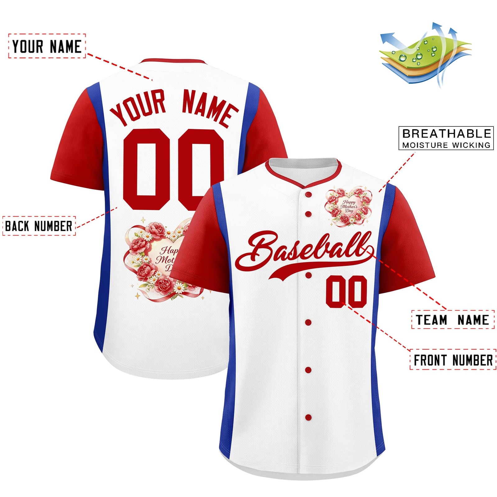 Custom White Red Royal Blue Mother's Day Style Personalization Wrinkle-Resistant Baseball Jersey| KXKSHOP