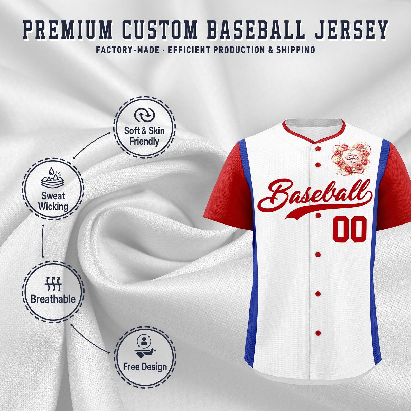 Custom White Red Royal Blue Mother's Day Style Personalization Wrinkle-Resistant Baseball Jersey| KXKSHOP