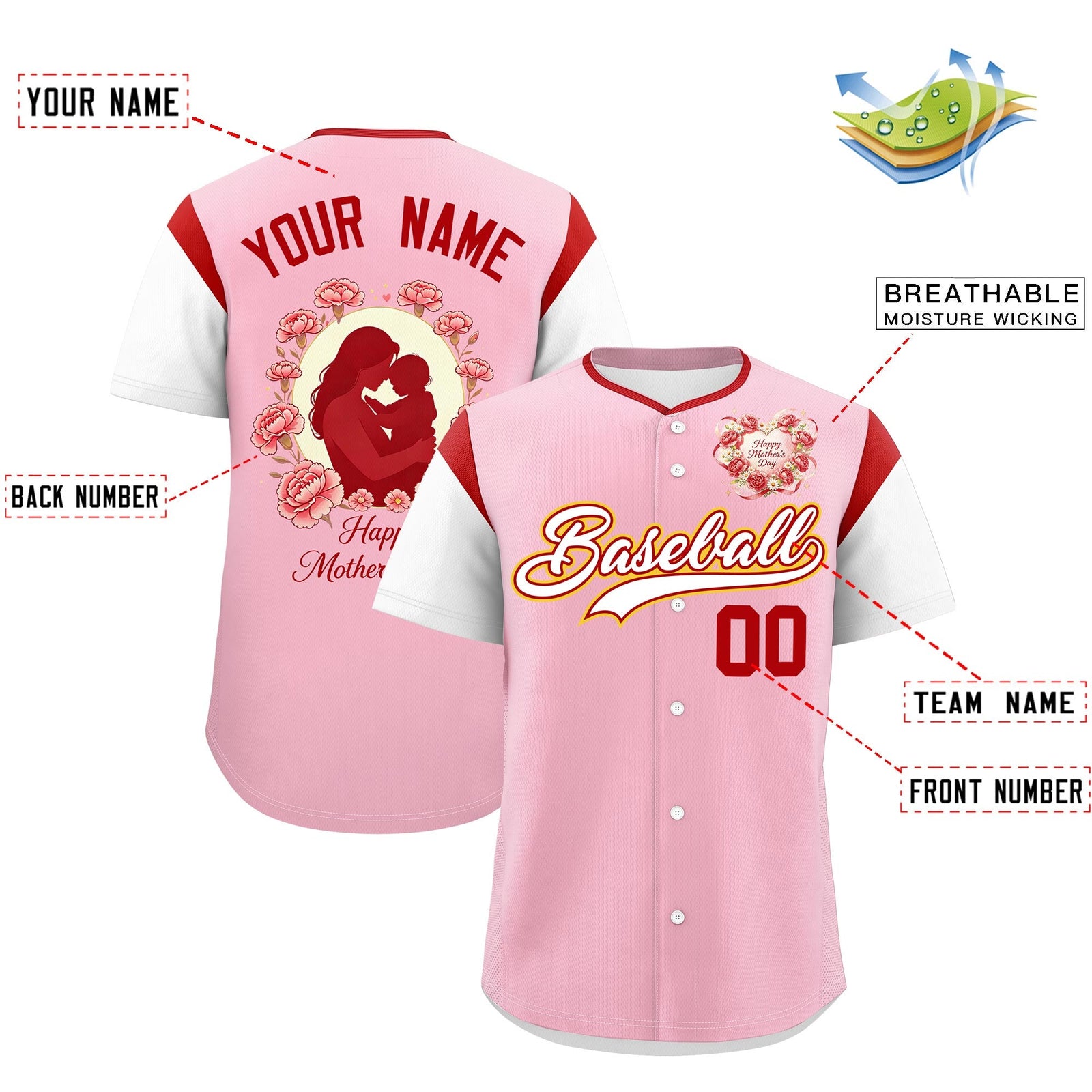 Custom Light Pink White Red Mother's Day Style Personalization Breathable Baseball Jersey| KXKSHOP