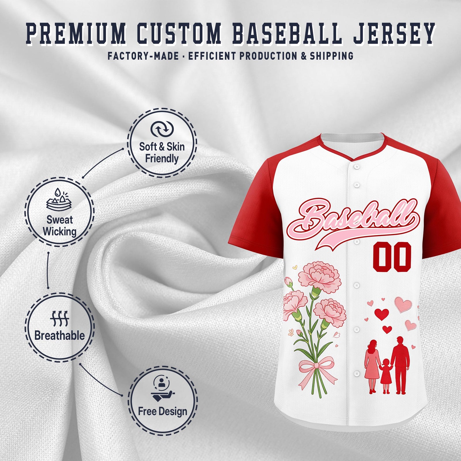 Custom White Red Light Pink Mother's Day Style Personalization Wrinkle-Resistant Baseball Jersey| KXKSHOP
