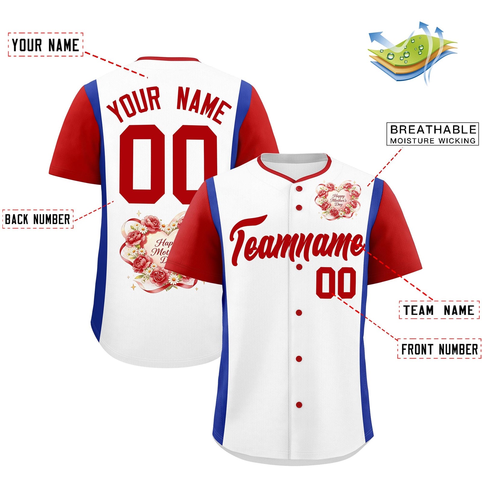 Custom White Red Royal Blue Mother's Day Style Personalization Wrinkle-Resistant Baseball Jersey| KXKSHOP