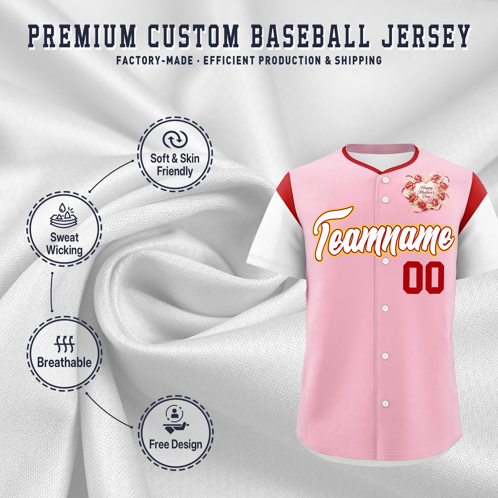 Custom Light Pink White Red Mother's Day Style Personalization Breathable Baseball Jersey| KXKSHOP