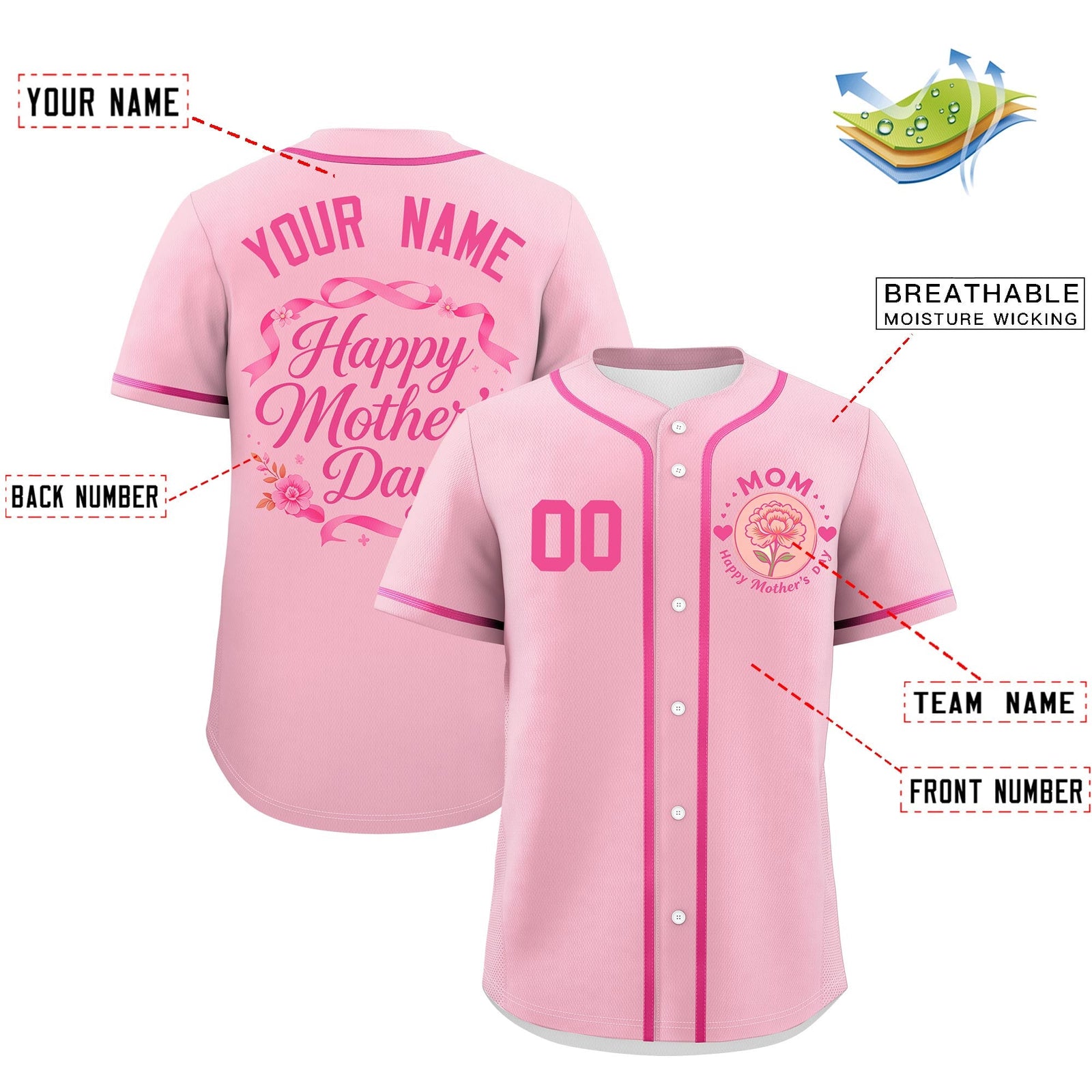 Custom Light Pink Pink Mother's Day Style Personalization Wrinkle-Resistant Baseball Jersey| KXKSHOP