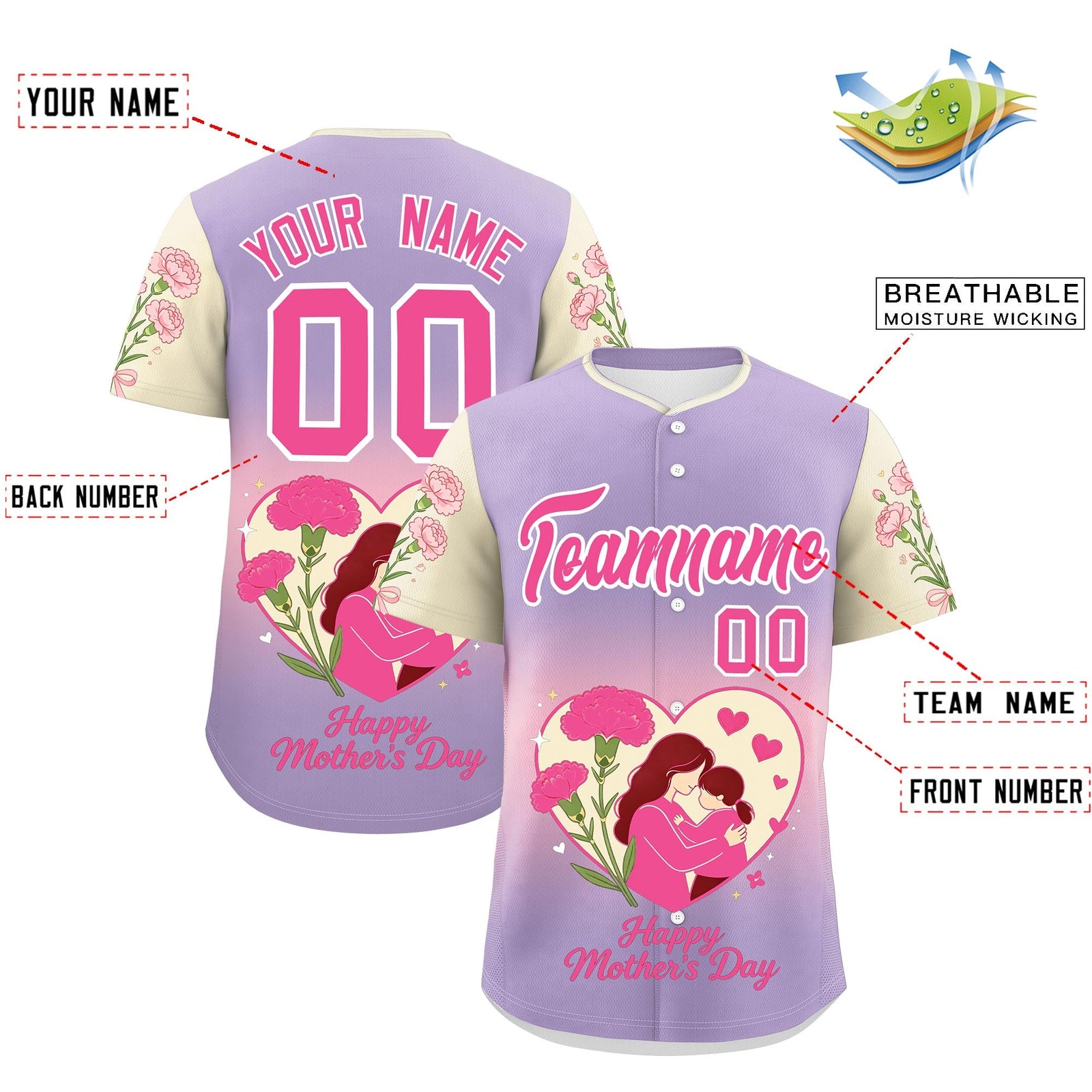 Custom Light Purple Light Pink Light Khaki Mother's Day Style Personalization Wrinkle-Resistant Baseball Jersey| KXKSHOP