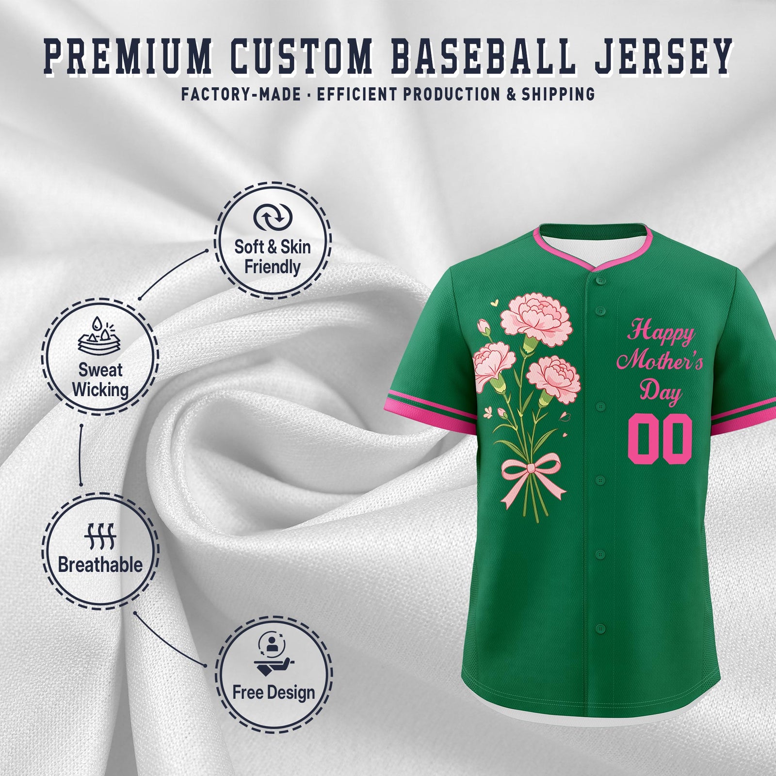 Custom Kelly Green Pink Mother's Day Style Personalization Wrinkle-Resistant Baseball Jersey| KXKSHOP