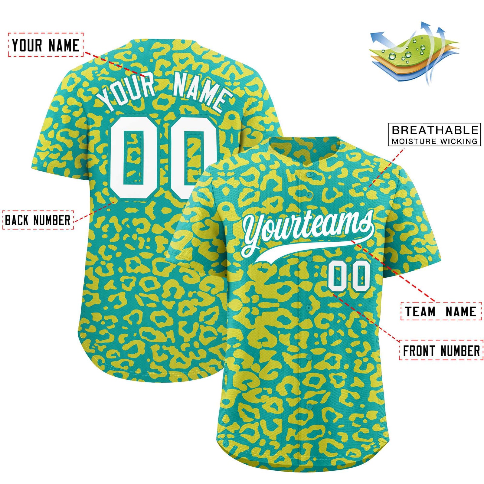 Custom Aqua Gold Leopard Print Pattern Authentic Baseball Jersey