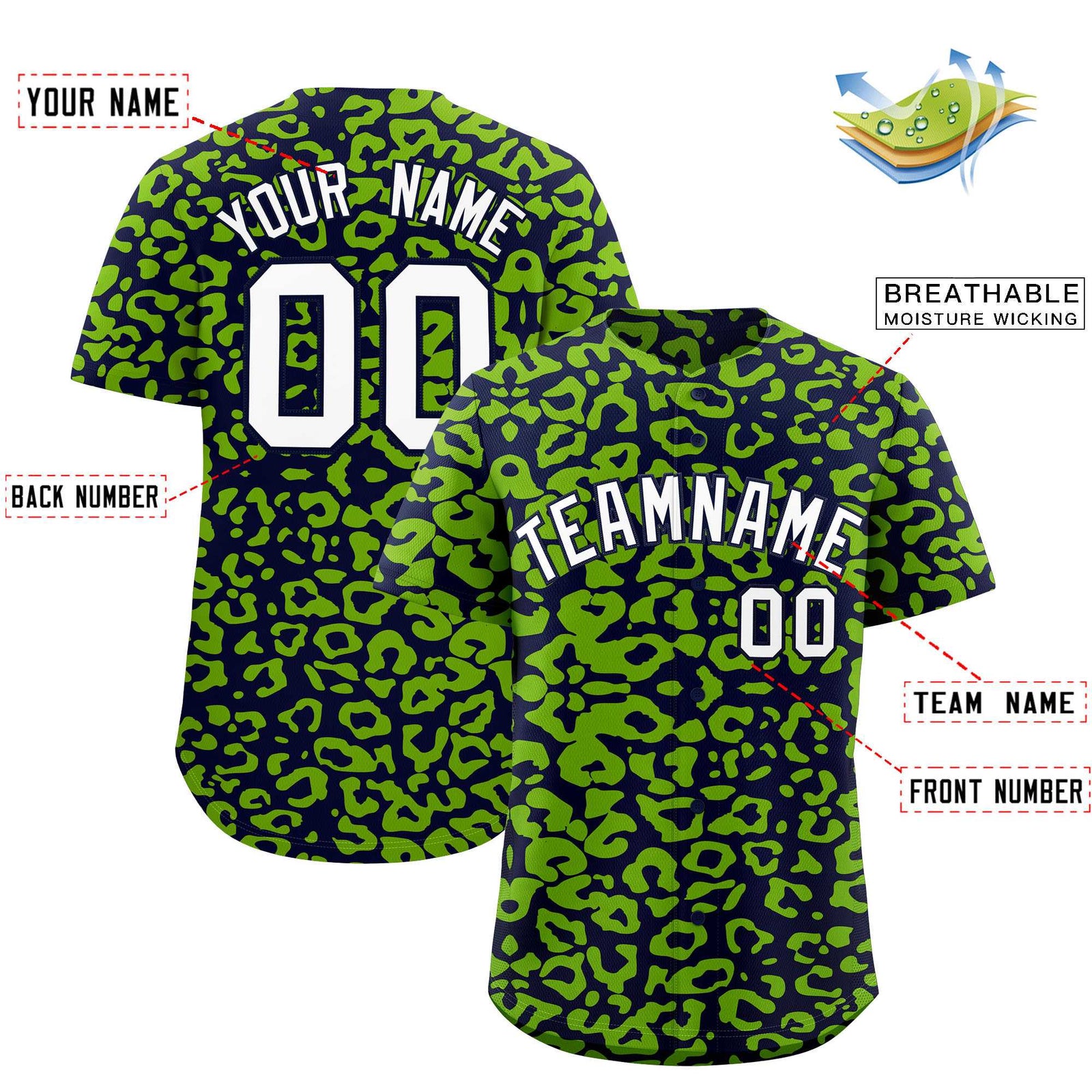 Custom Navy Neon Green Leopard Print Pattern Authentic Baseball Jersey