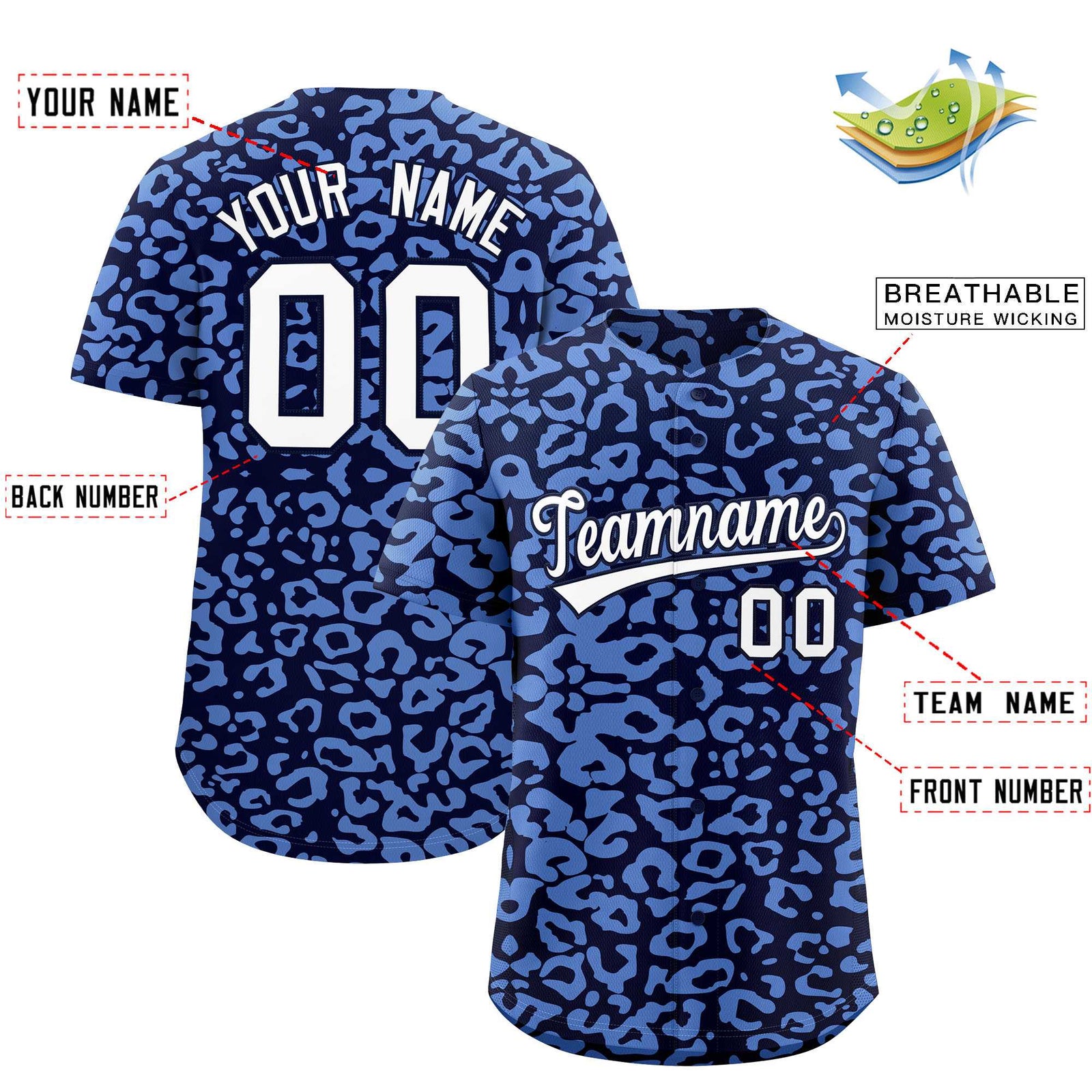 Custom Navy Light Blue Leopard Print Pattern Authentic Baseball Jersey