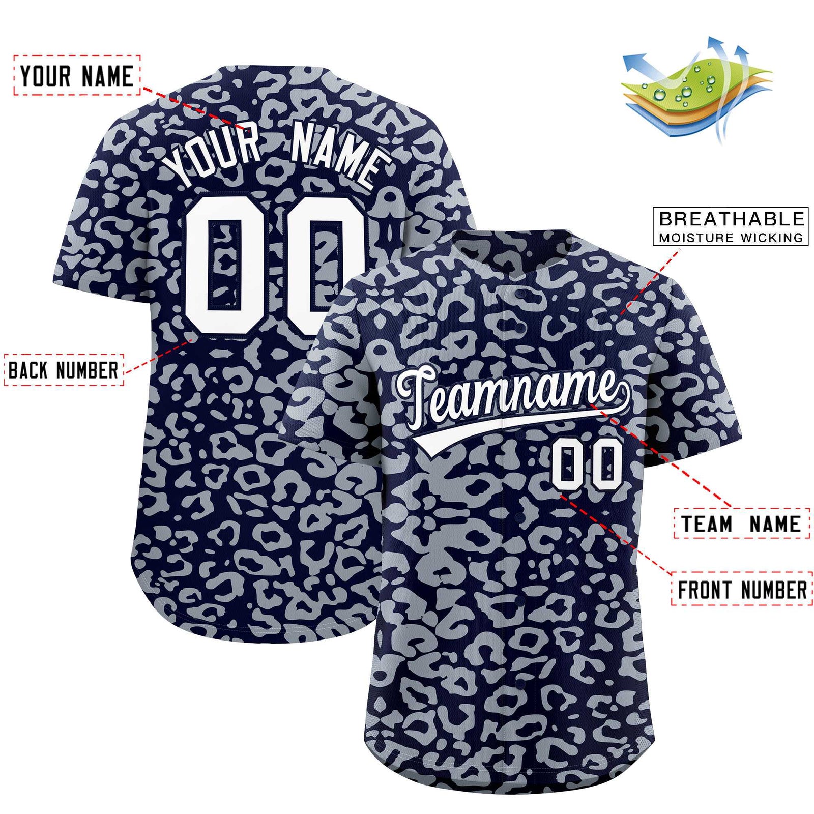 Custom Navy Silver Leopard Print Pattern Authentic Baseball Jersey