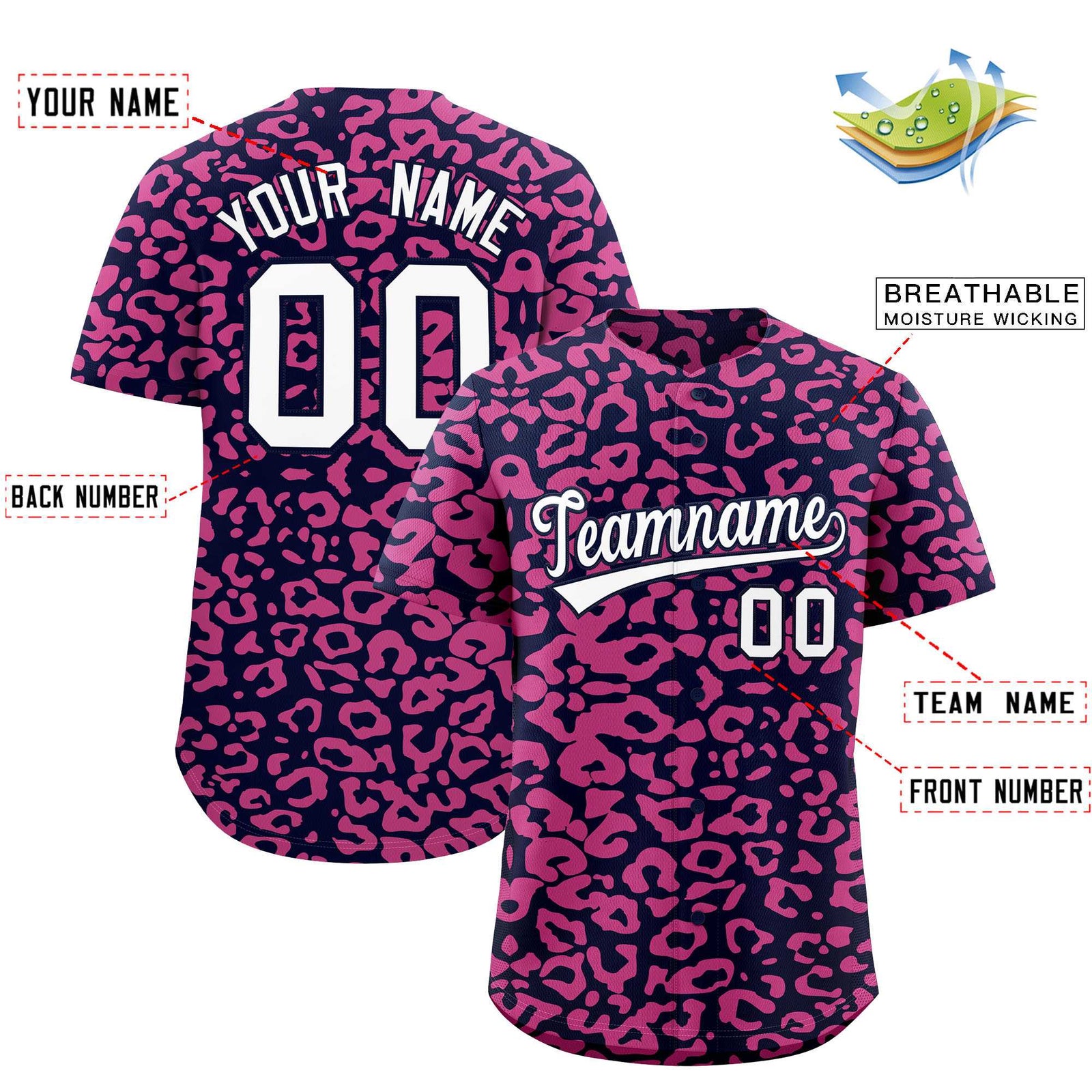 Custom Navy Pink Leopard Print Pattern Authentic Baseball Jersey