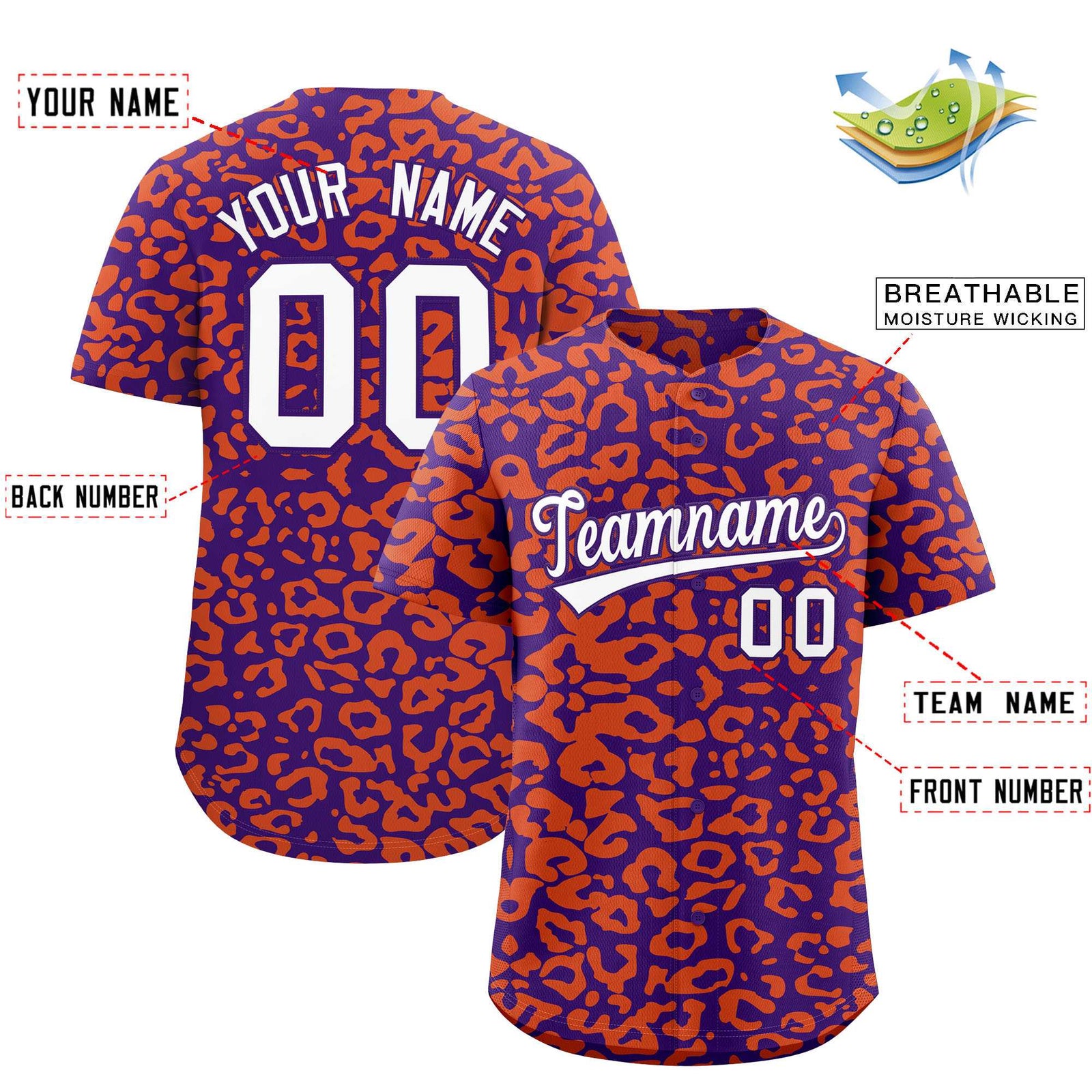 Custom Purple Orange Leopard Print Pattern Authentic Baseball Jersey