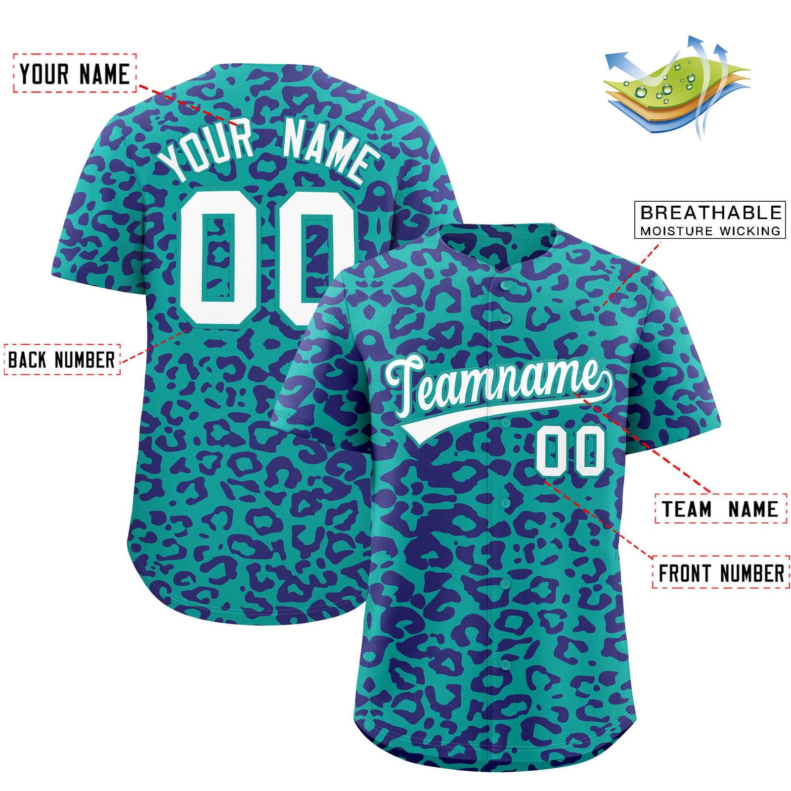 Custom Aqua Purple Leopard Print Pattern Authentic Baseball Jersey