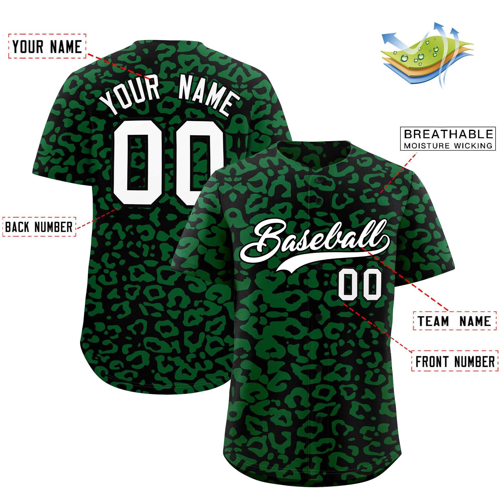 Custom Black Kelly Green Leopard Print Pattern Authentic Baseball Jersey