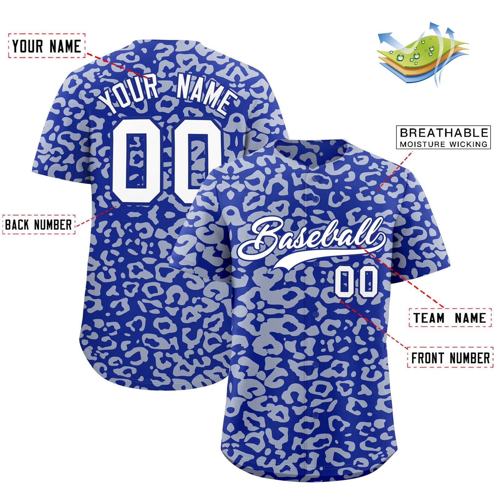 Custom Royal Silver Leopard Print Pattern Authentic Baseball Jersey