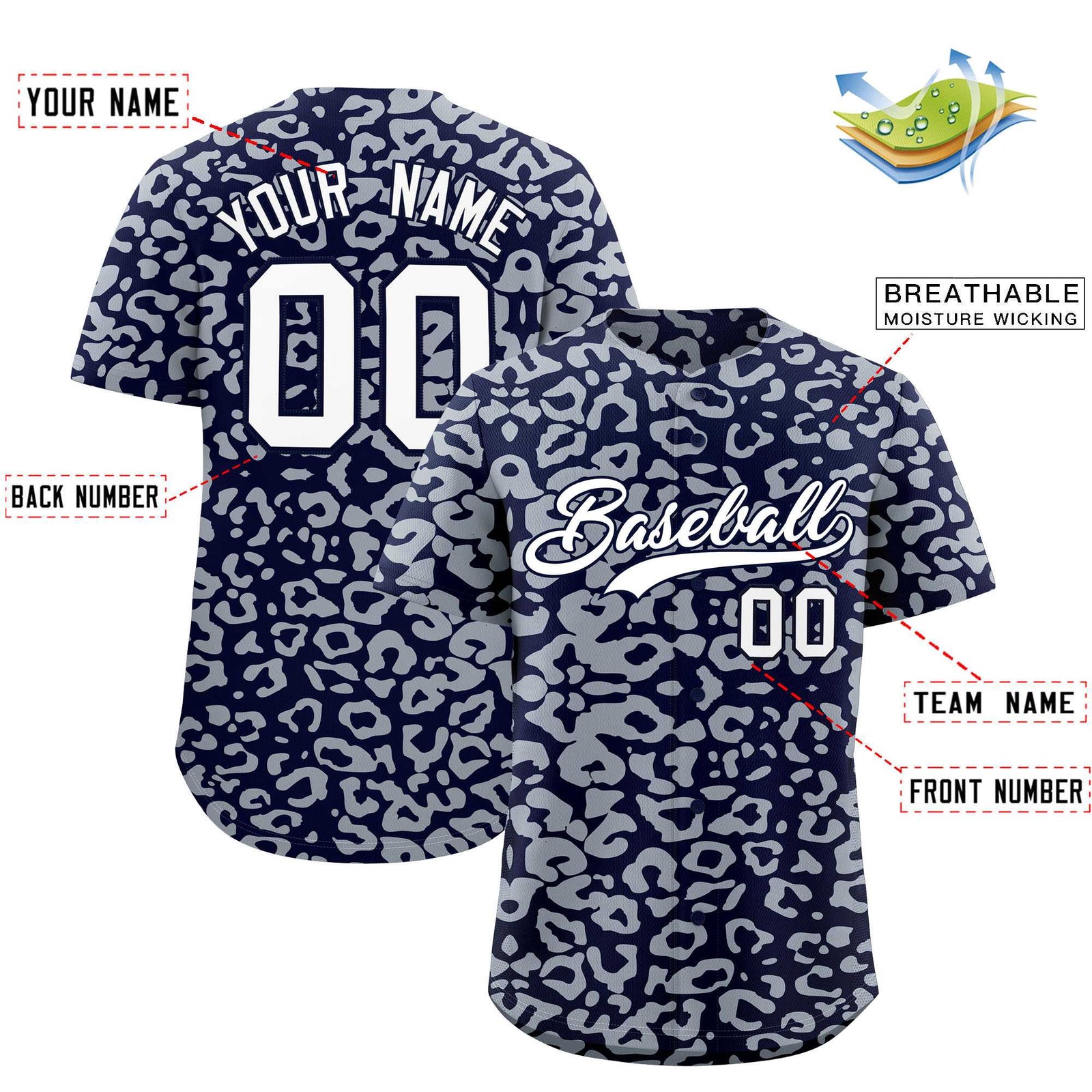 Custom Navy Silver Leopard Print Pattern Authentic Baseball Jersey