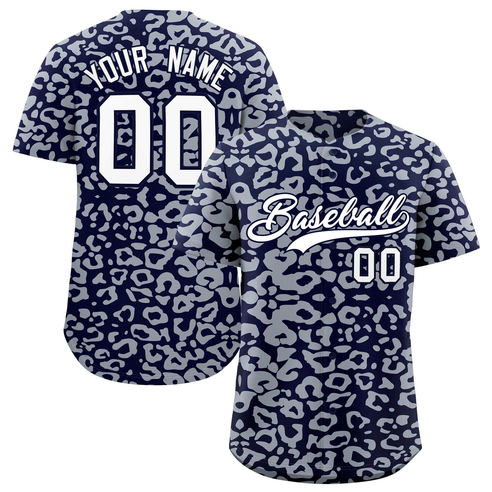 Custom Navy Silver Leopard Print Pattern Authentic Baseball Jersey