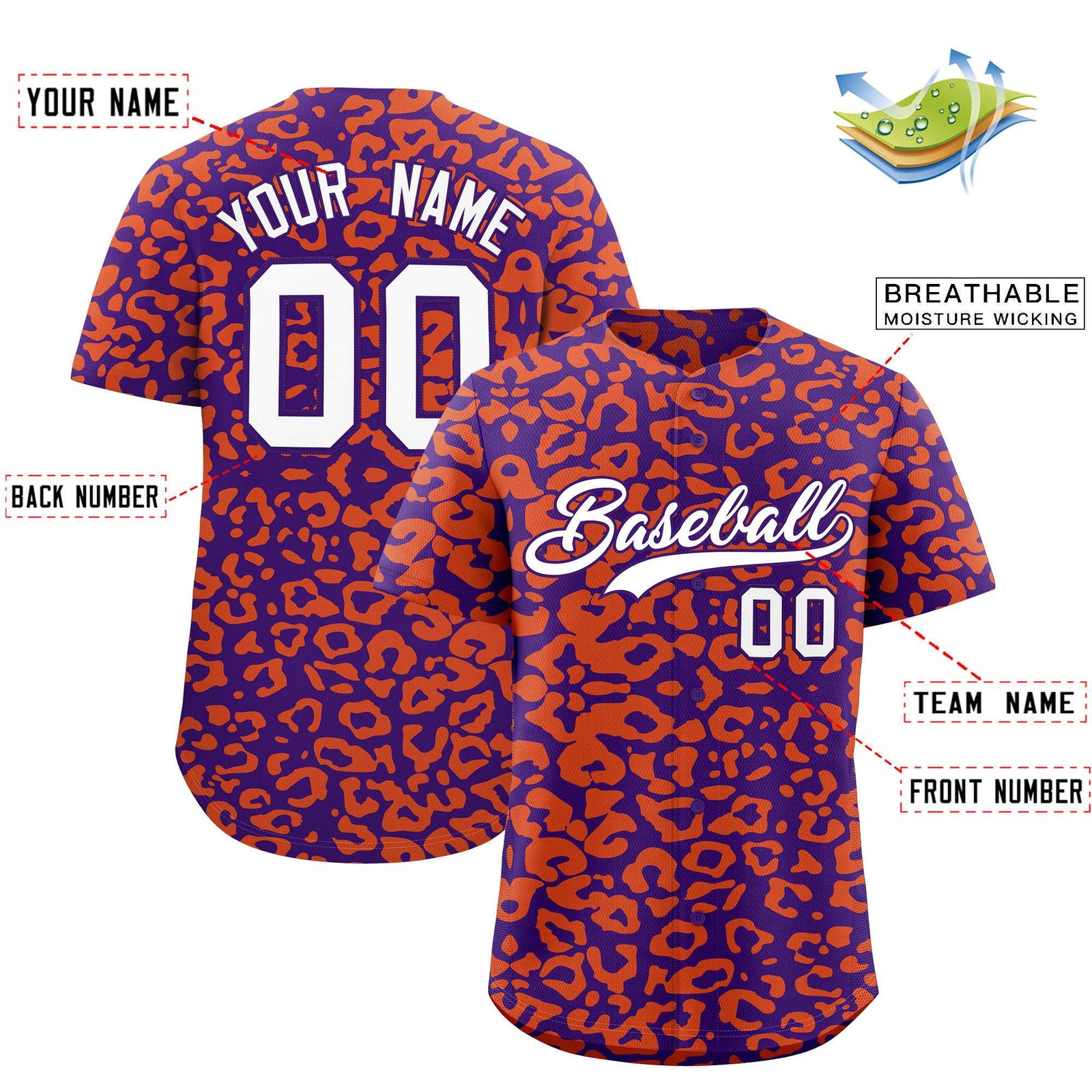 Custom Purple Orange Leopard Print Pattern Authentic Baseball Jersey